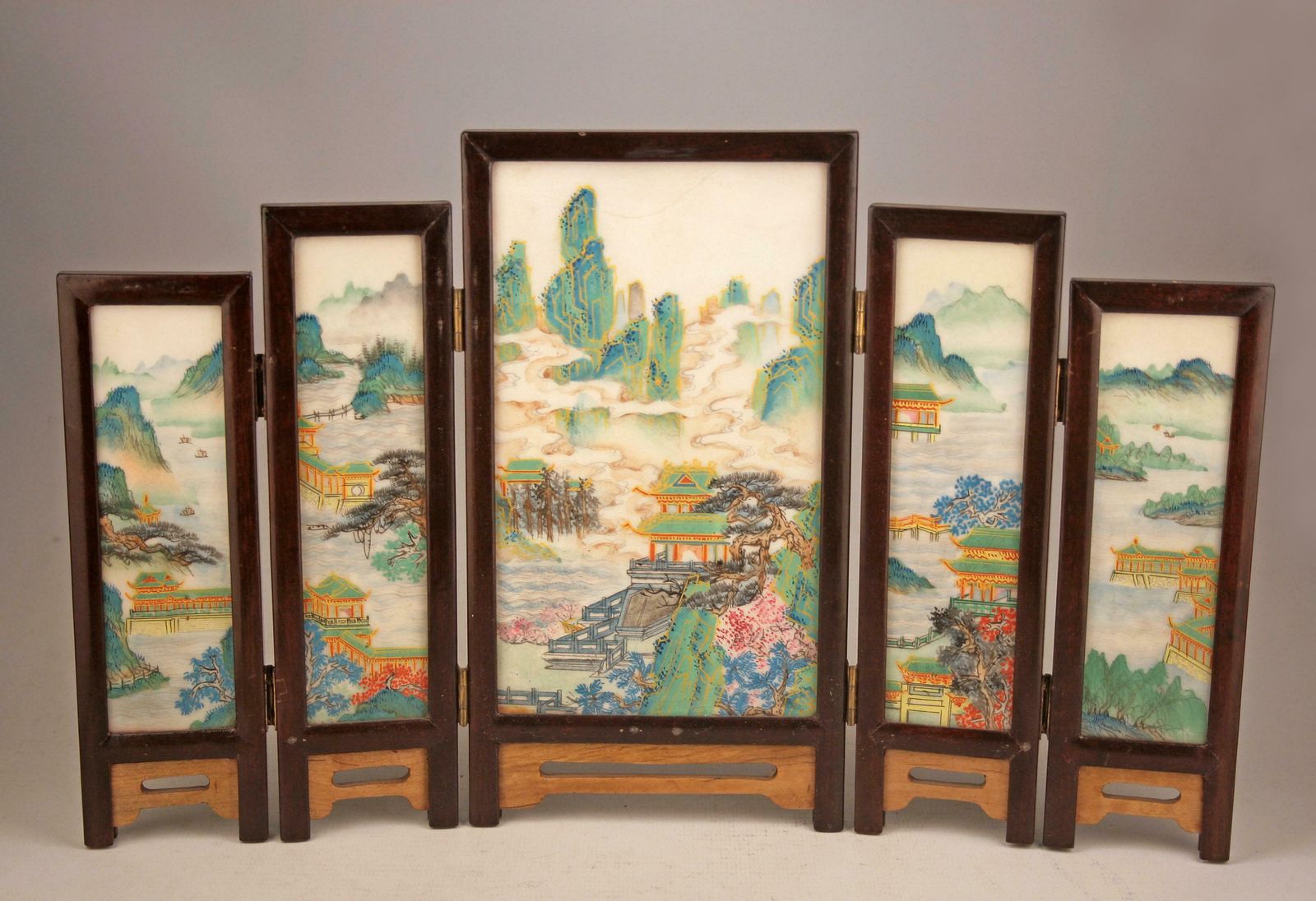 19th Century/Edo Meiji Period Japanese Painted Five Panel Folding Miniature Screen photo vintage