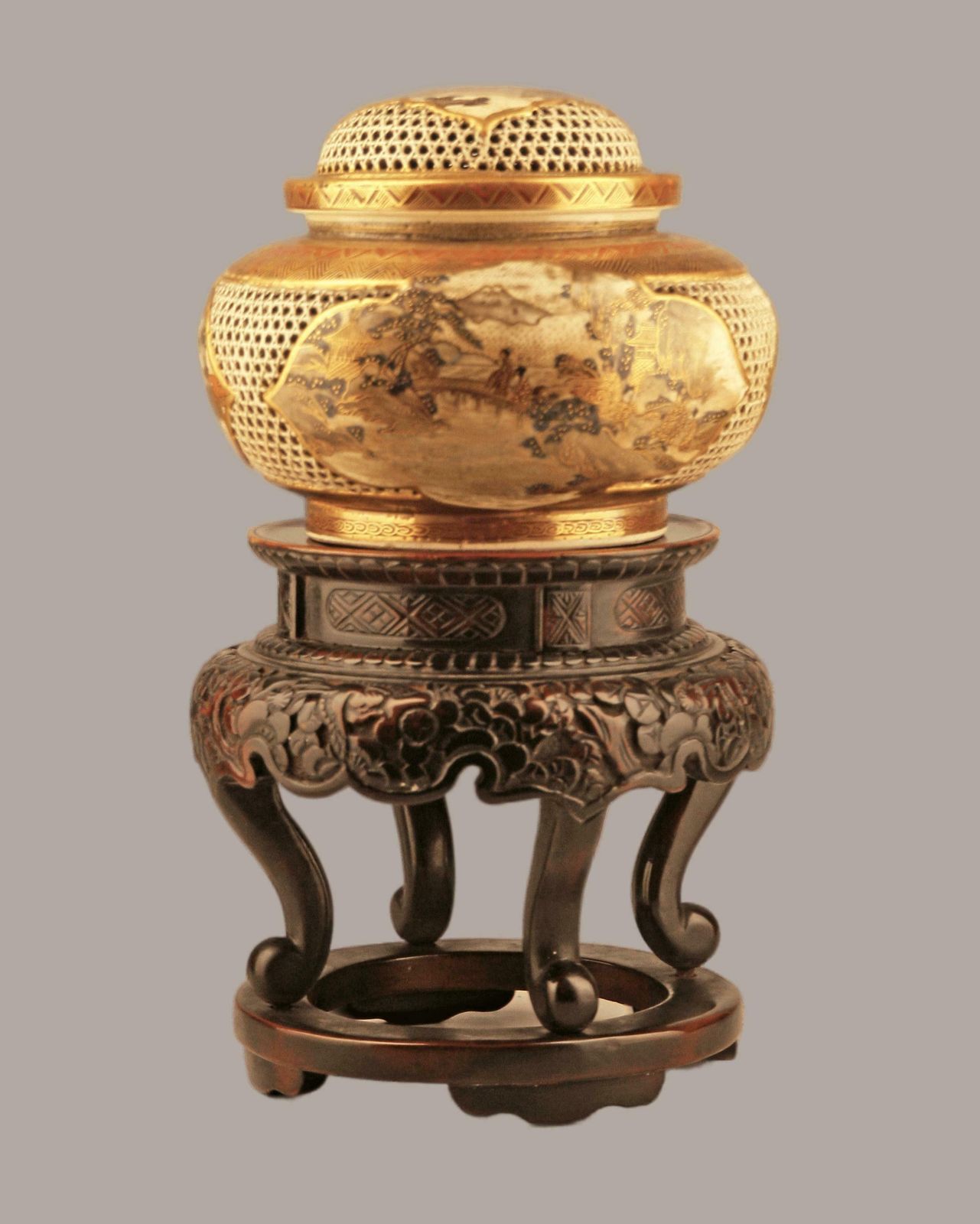 Japanese 19th Century Edo Meiji Period Satsuma Stoneware Incense Burner (Koro) With Small Wooden Support Table photo buy