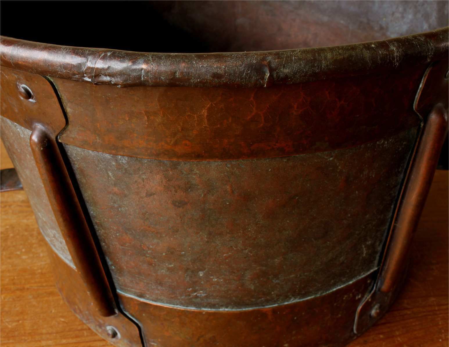 photo for sale French Copper Ferrat Grain Measure. 19th Century Metal Planter. Log Bin.