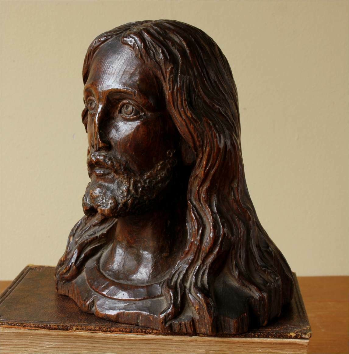 Carved Wood Jesus Christ Statue Head. 19th Century Religious Carving. photo furniture