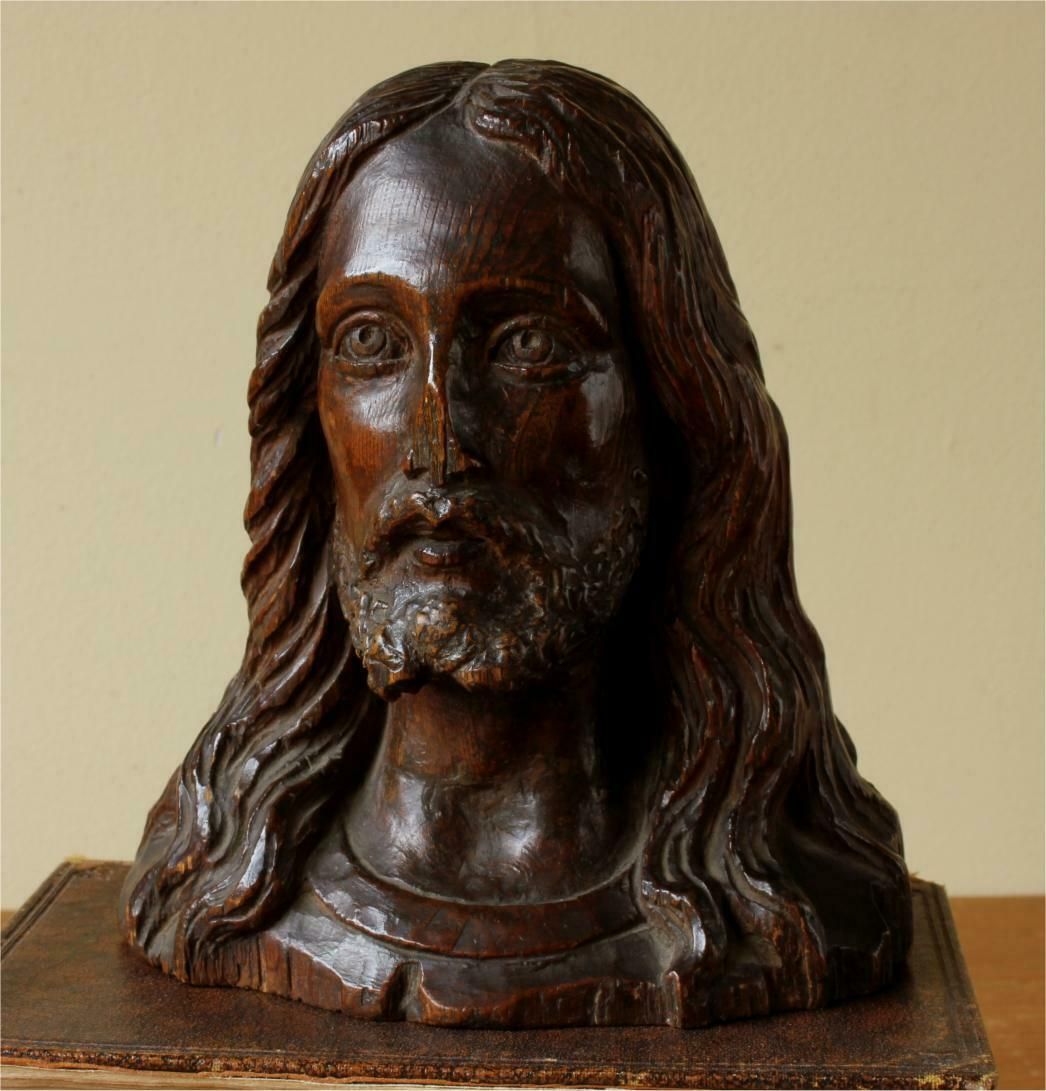 Carved Wood Jesus Christ Statue Head. 19th Century Religious Carving. photo for sale
