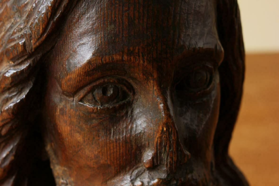 Carved Wood Jesus Christ Statue Head. 19th Century Religious Carving. photo vintage