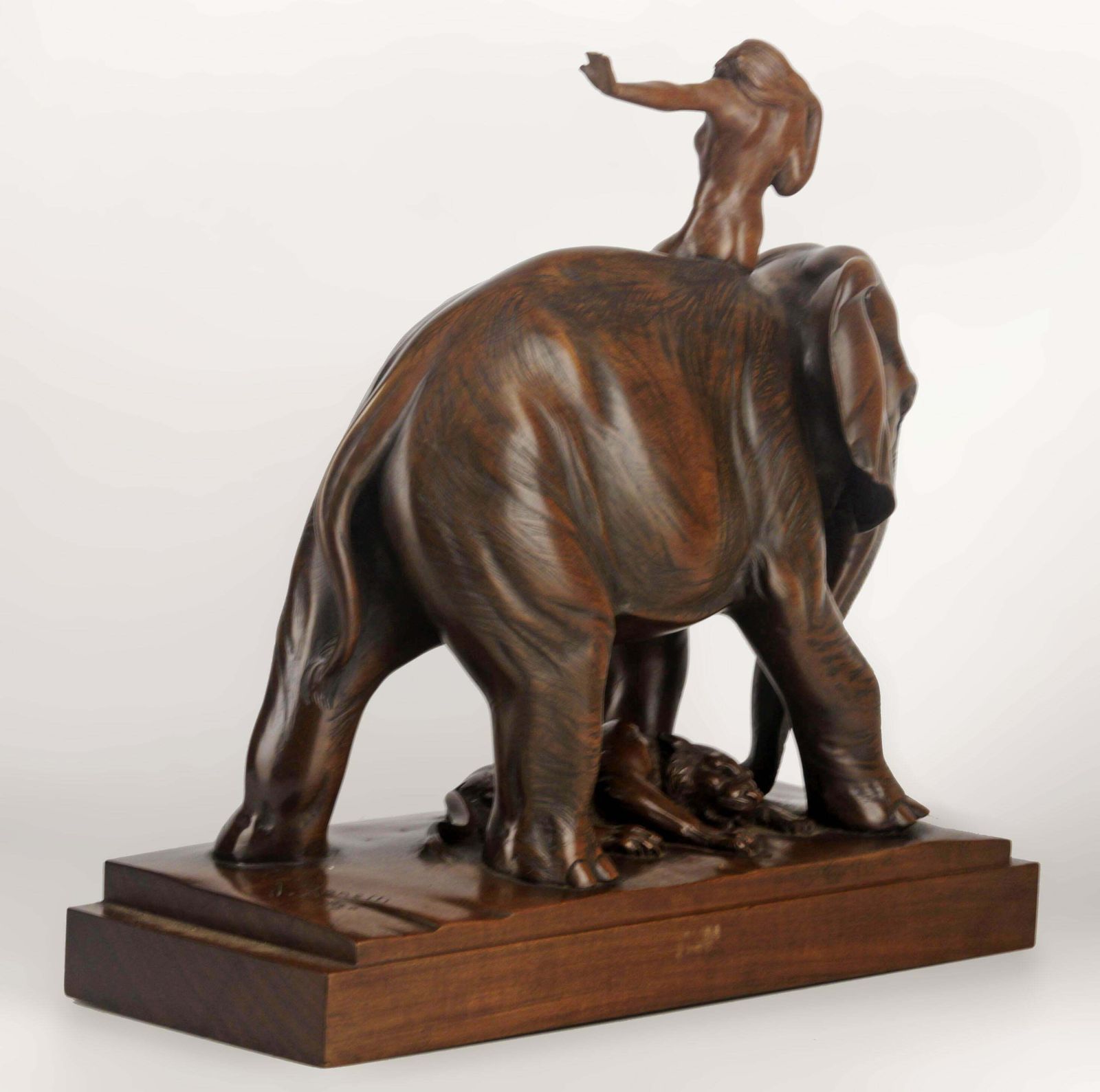 Early 20th Century African Elephant, Tiger And Woman Rider Varnished Wood Sculpture Signed By J. Zanetti photo Art