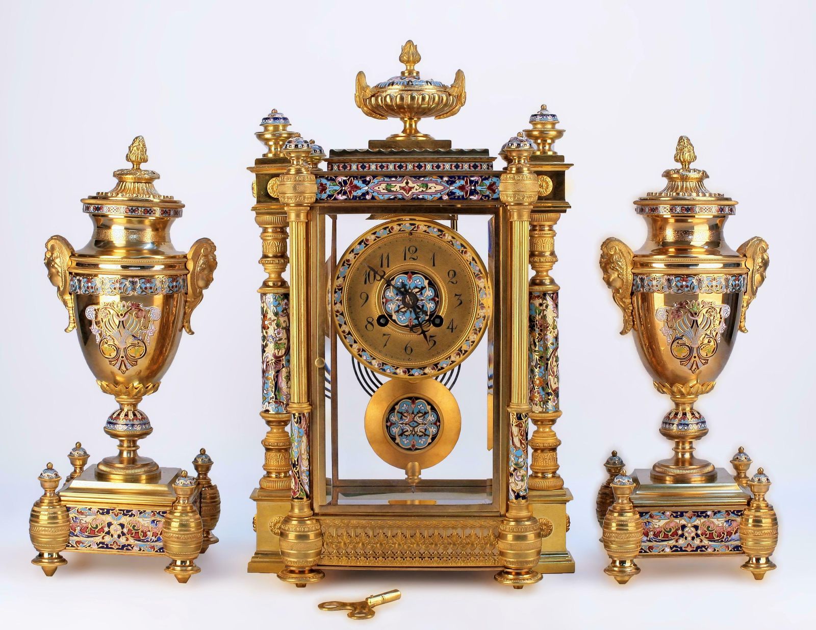 Late 19th Century French Gilt Bronze/Ormolu Cloisonné Champlevé Enameled Mantle Clock Garniture Set By Japy Frères photo furniture