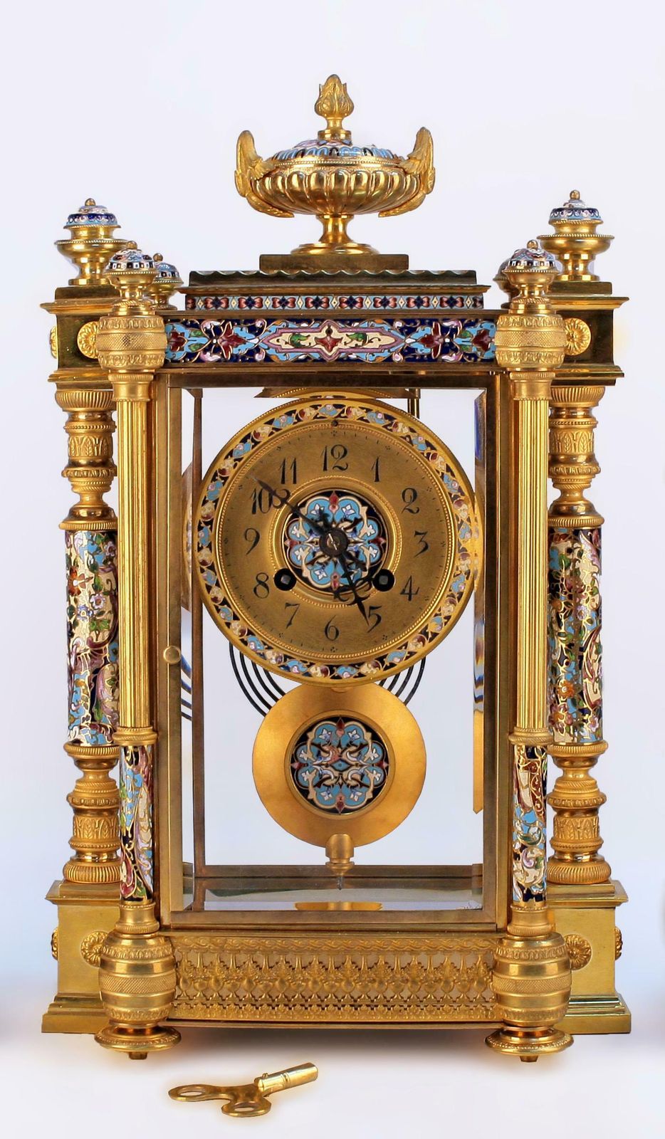 Late 19th Century French Gilt Bronze/Ormolu Cloisonné Champlevé Enameled Mantle Clock Garniture Set By Japy Frères photo Home Decor