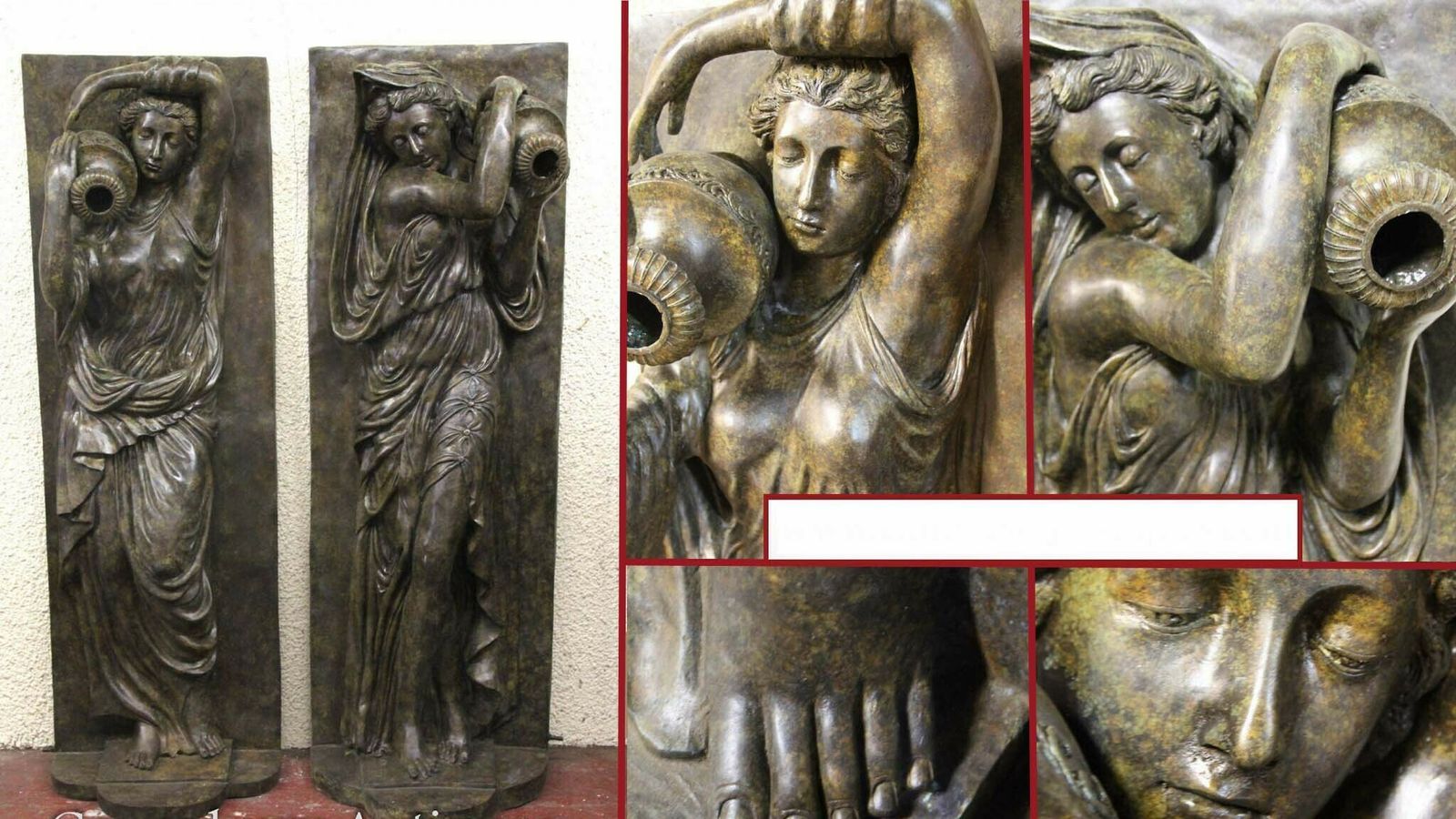 Pair Xl Bronze Fountains   Italian Maiden Statues Garden Plaques