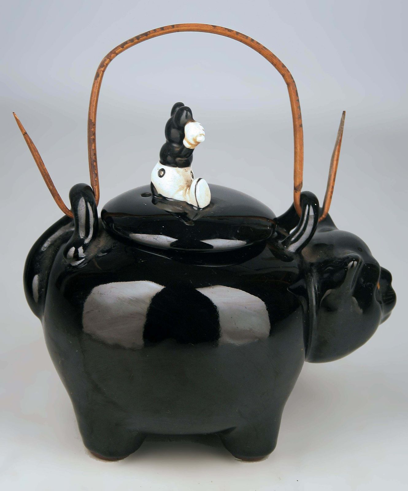 20th Century/Shōwa Era Japanese Glazed Porcelain Teapot Of Black Cat With Mouse Lid photo Home Decor