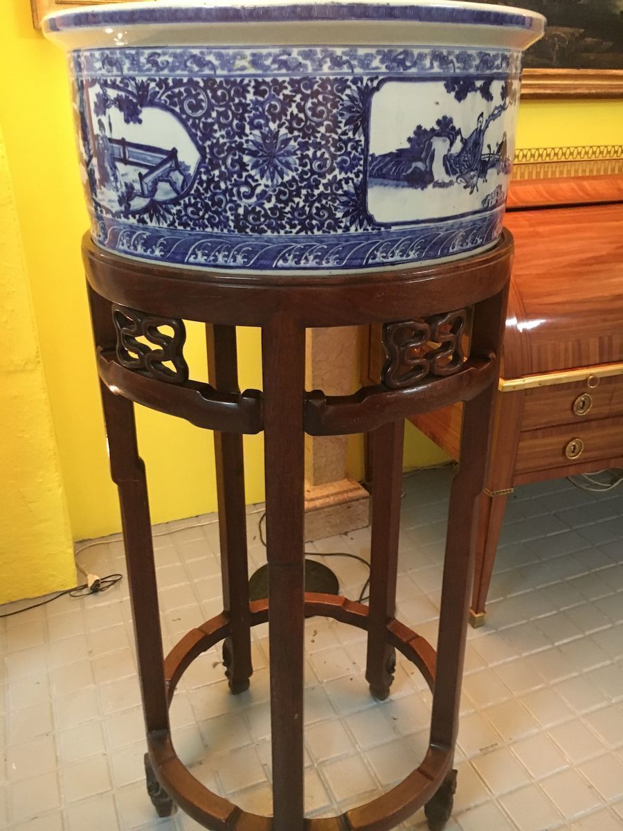 photo for sale Chinese Porcelain Planters With Rosewood Pedestals, 1900s, Set Of 2