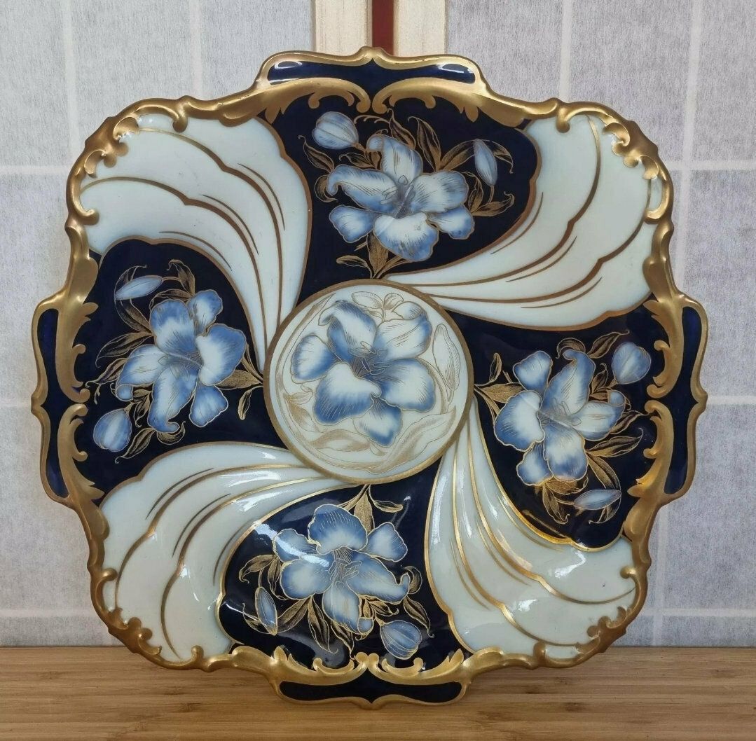 Hutschenreuther Porcelain Bowl | Cobalt Blue Gold Gilt Design | Large Floral Pedestal Dish | Hohenberg Bavaria Art Piece photo for sale