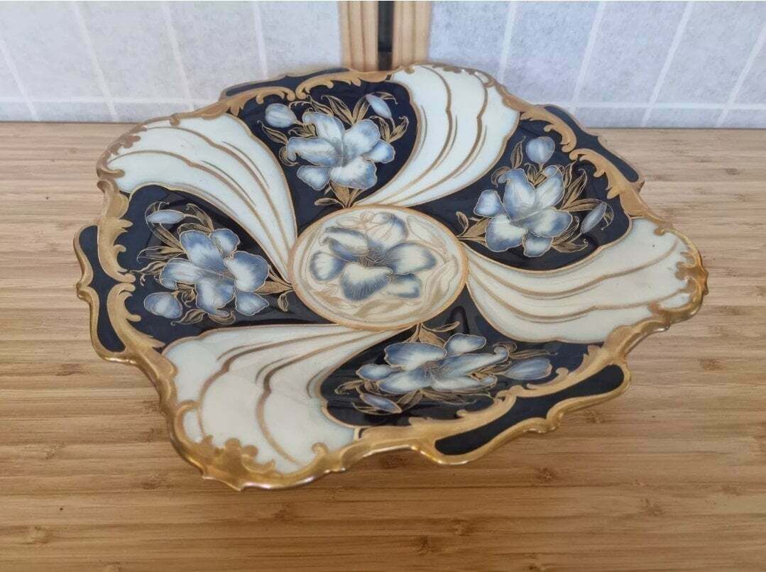 Hutschenreuther Porcelain Bowl | Cobalt Blue Gold Gilt Design | Large Floral Pedestal Dish | Hohenberg Bavaria Art Piece photo 540.0