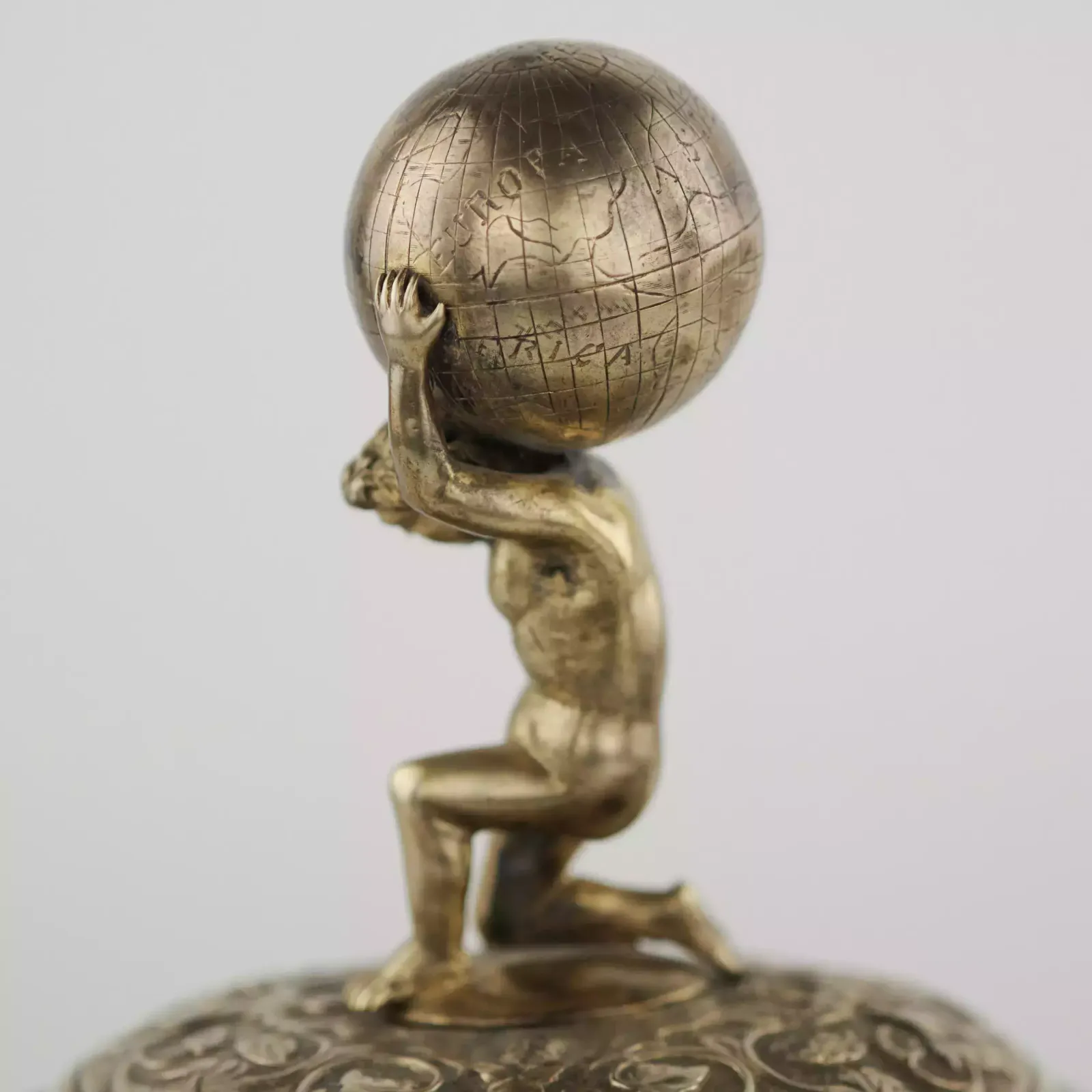 Silver Beer Goblet With Atlas On The Lid And Religious Scenes On Ivory. Lubeck. 17th Century. photo for sale