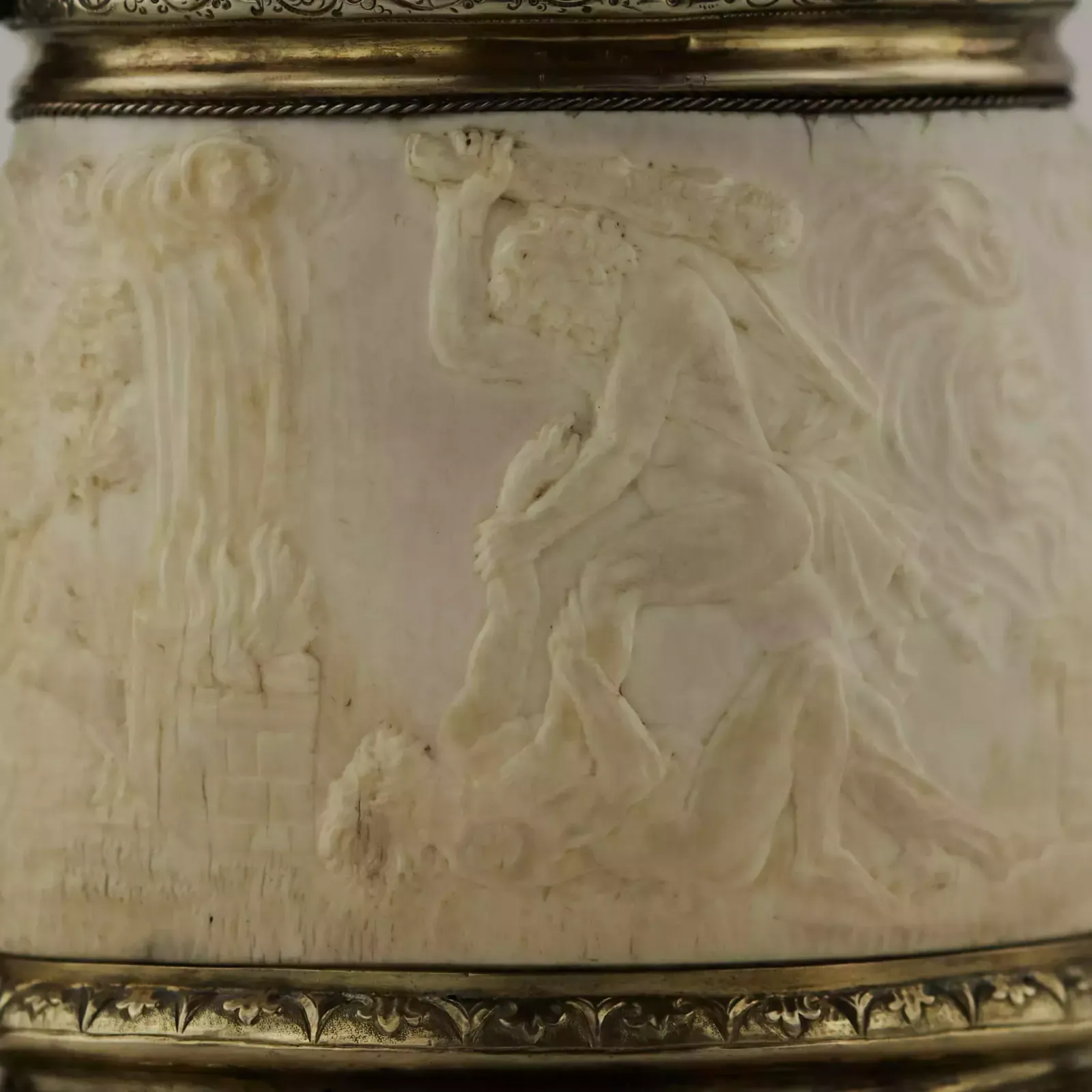 Silver Beer Goblet With Atlas On The Lid And Religious Scenes On Ivory. Lubeck. 17th Century. photo vinterior