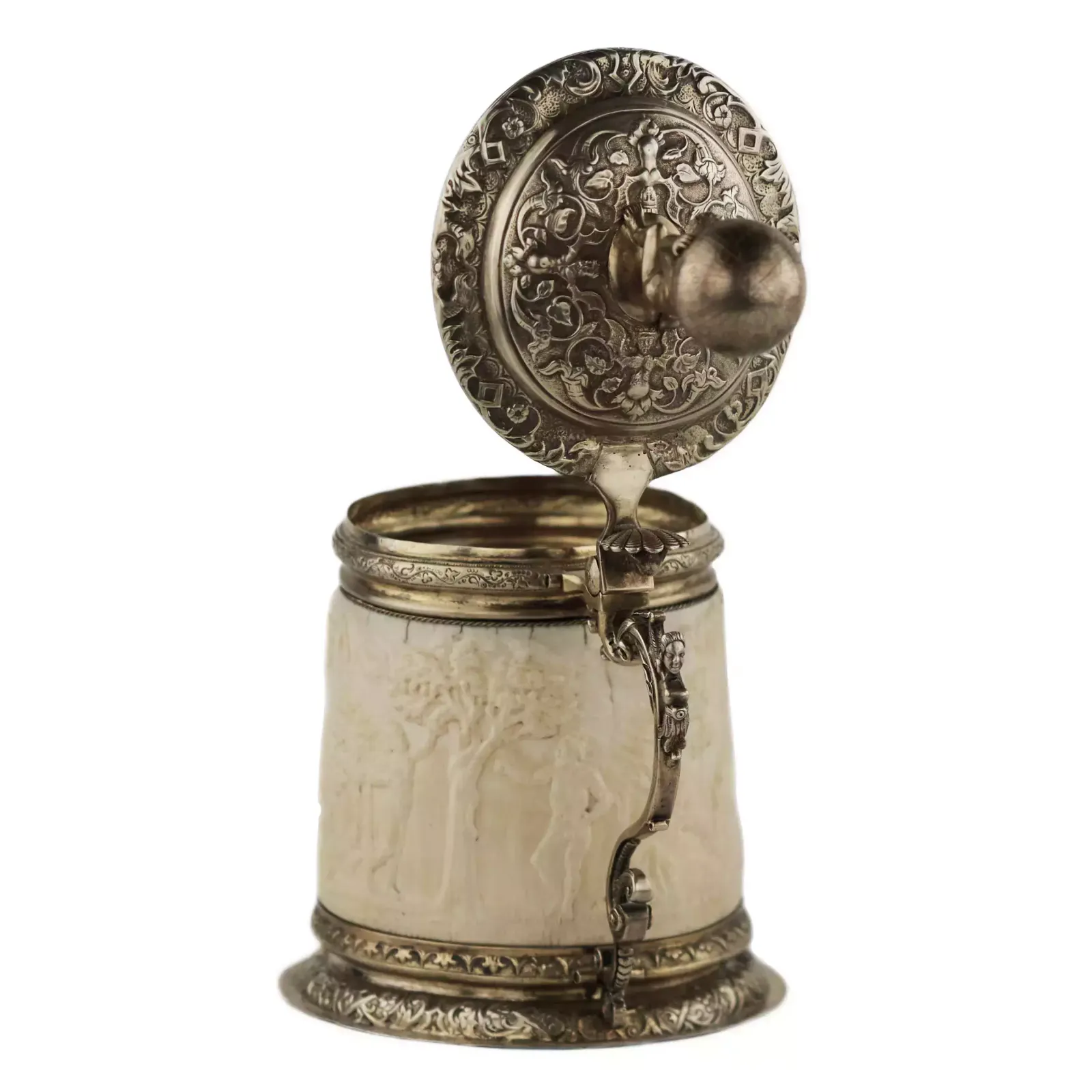 photo vinterior Silver Beer Goblet With Atlas On The Lid And Religious Scenes On Ivory. Lubeck. 17th Century.