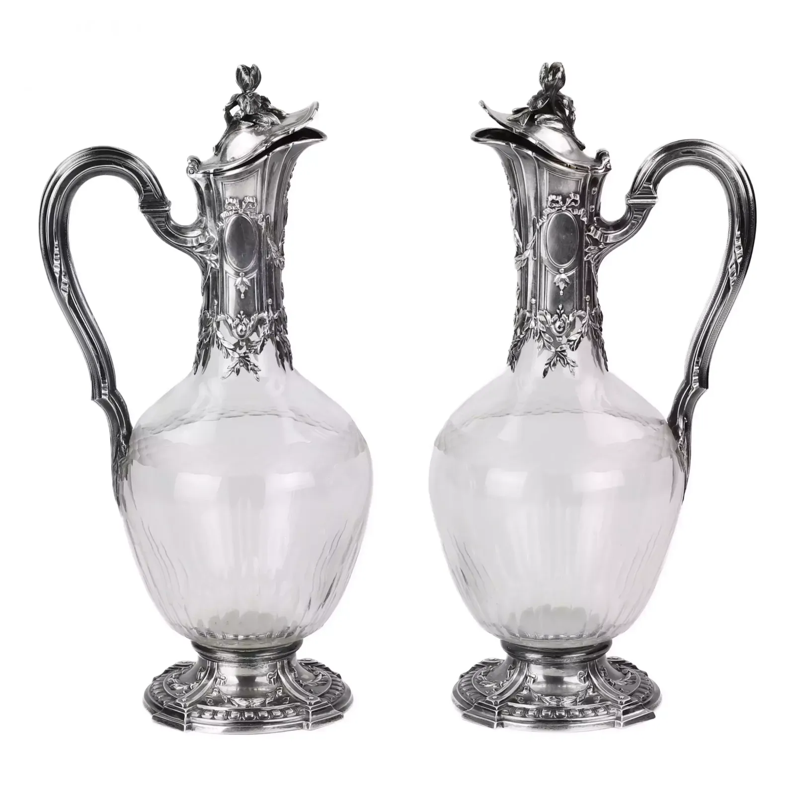 Pair Of French Glass Wine Jugs In Silver. 19th Century. photo vinterior