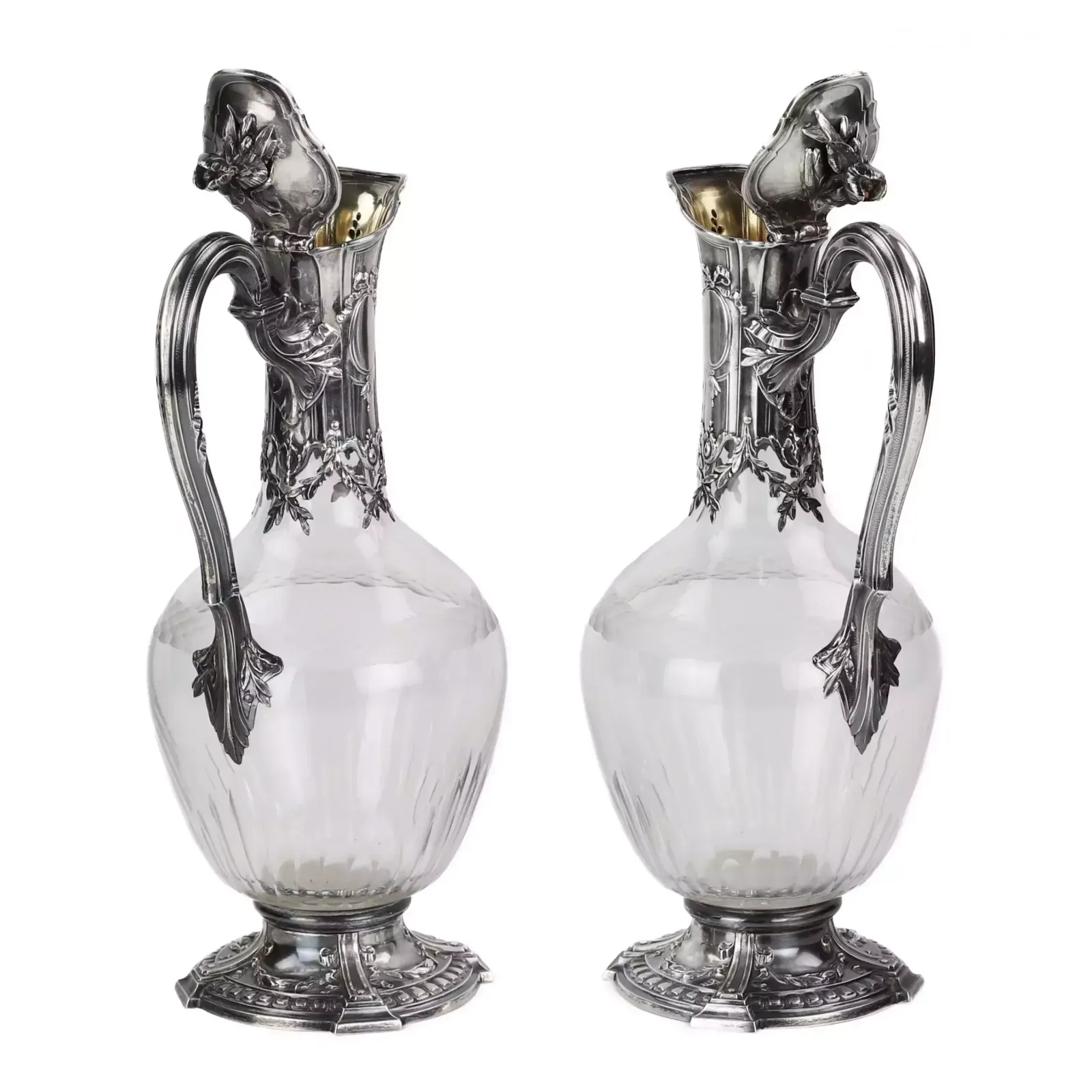 photo furniture Pair Of French Glass Wine Jugs In Silver. 19th Century.