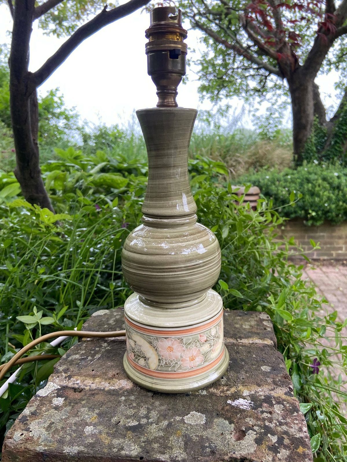 Vintage Jersey Pottery Green Table Lamp   Working Vintage Table Lamp, Green Ceramic With Hand Painted Flowers photo vinterior