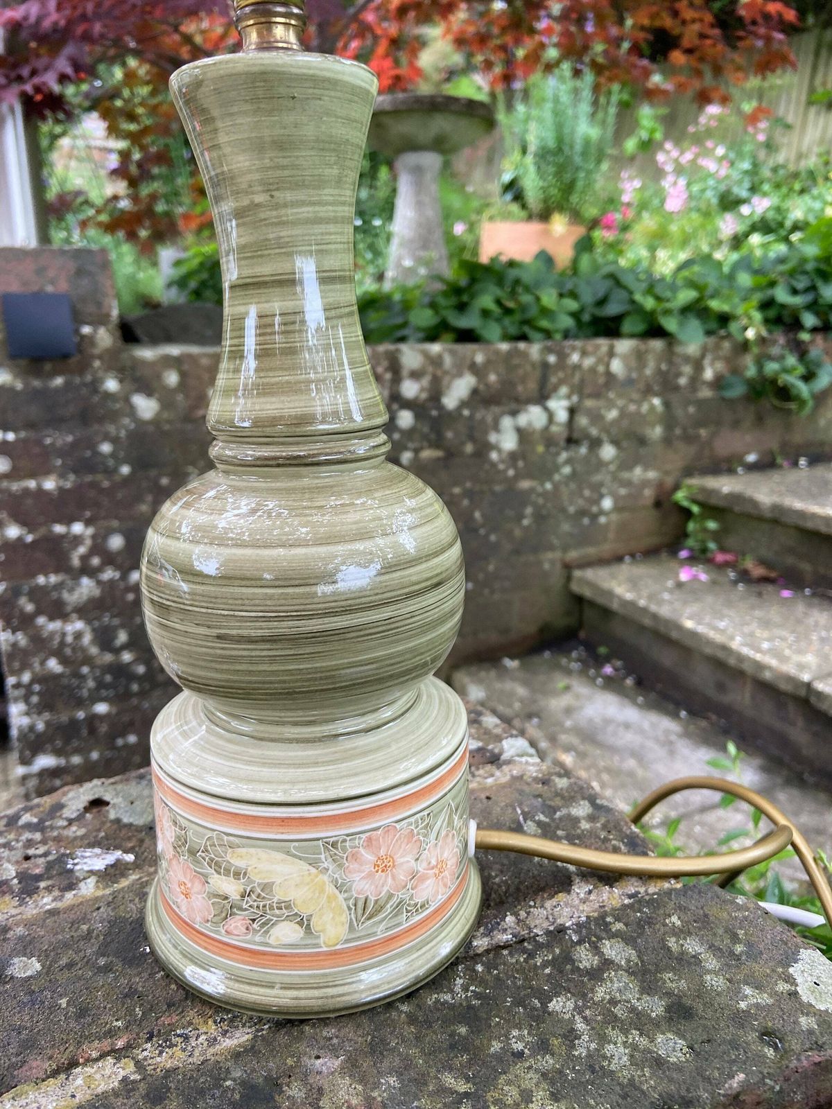Vintage Jersey Pottery Green Table Lamp   Working Vintage Table Lamp, Green Ceramic With Hand Painted Flowers photo buy