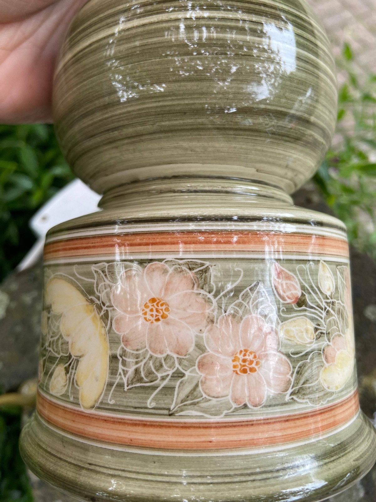 photo for sale Vintage Jersey Pottery Green Table Lamp   Working Vintage Table Lamp, Green Ceramic With Hand Painted Flowers