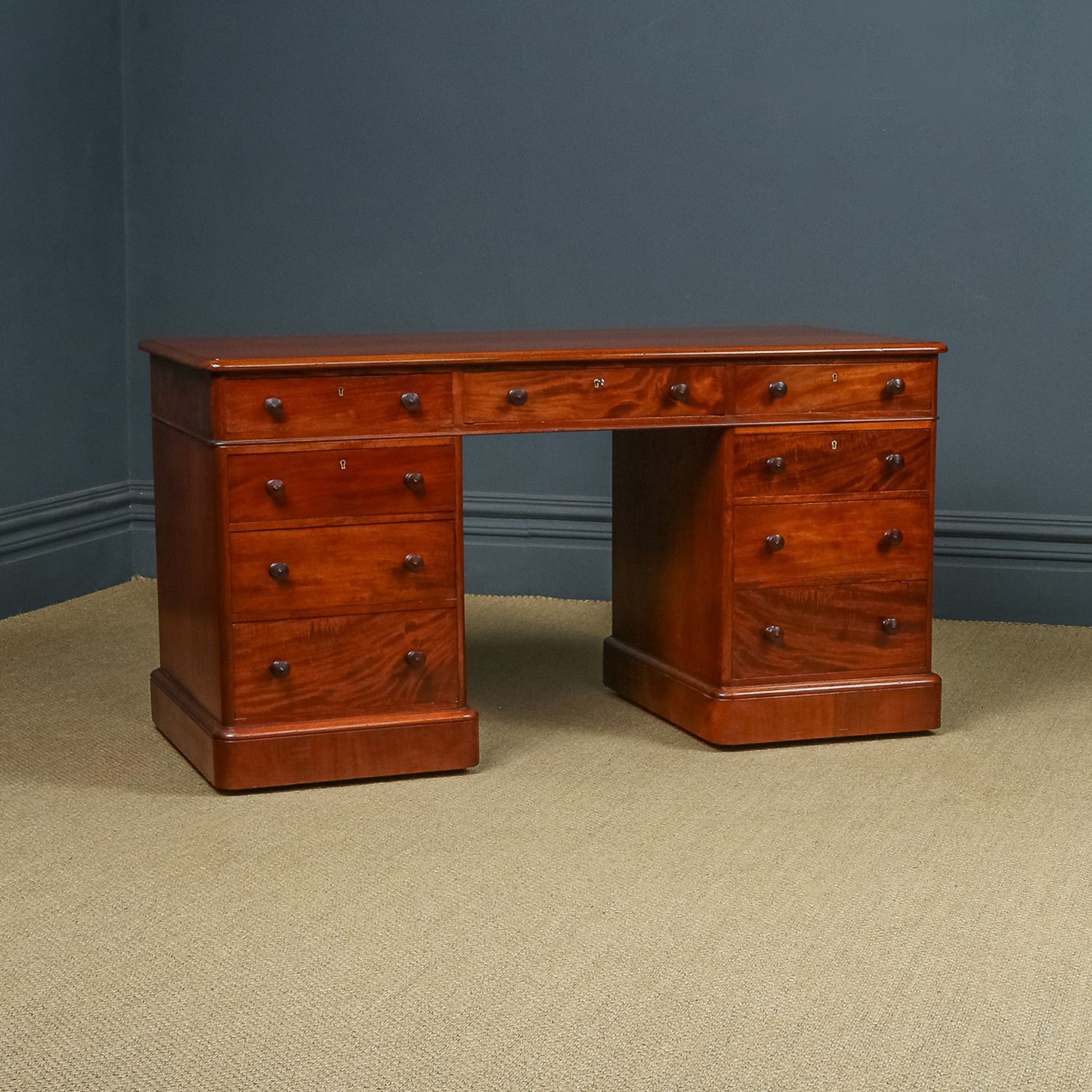 English Victorian 5ft Figured Mahogany Office Writing Pedestal Desk (Circa 1850) photo furniture