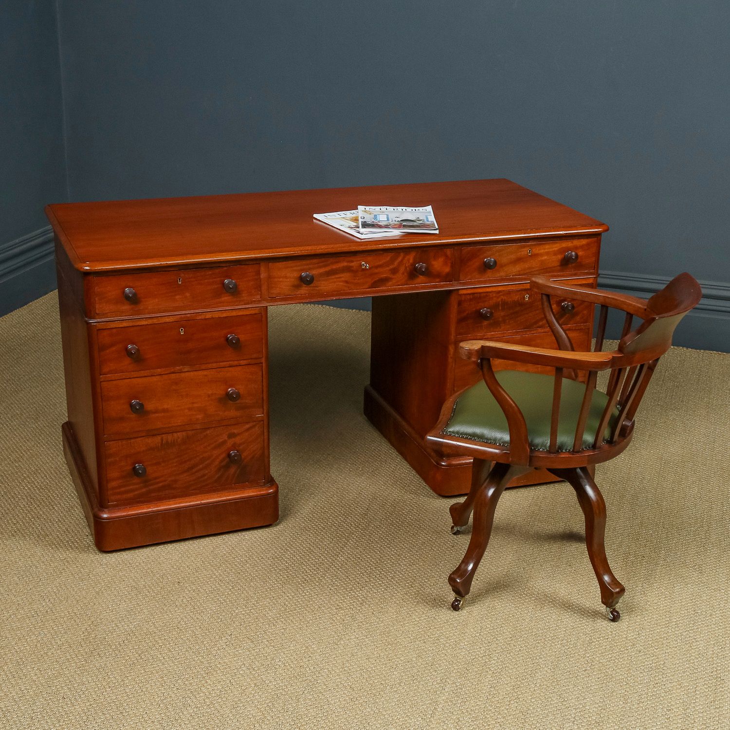 English Victorian 5ft Figured Mahogany Office Writing Pedestal Desk (Circa 1850)
