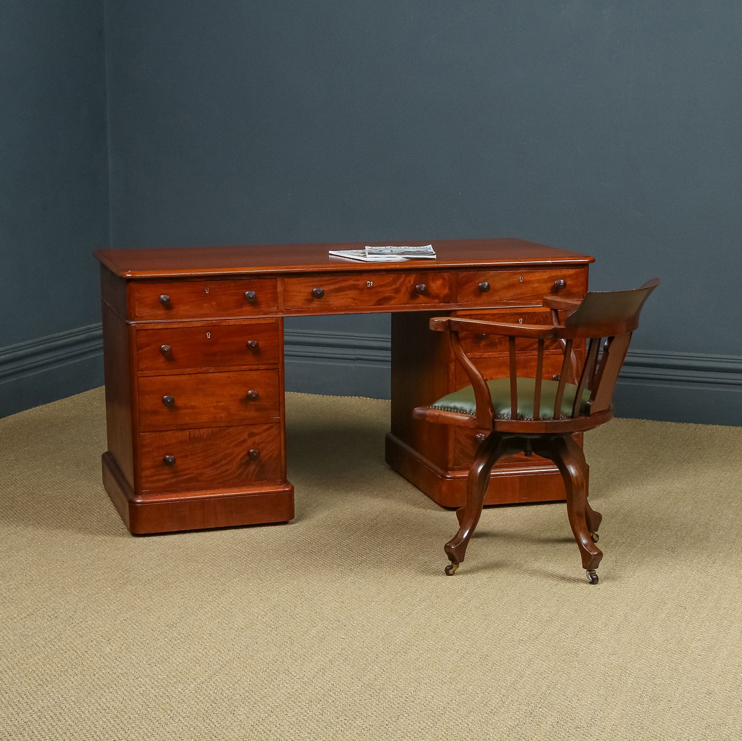English Victorian 5ft Figured Mahogany Office Writing Pedestal Desk (Circa 1850) photo buy