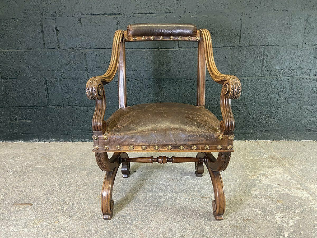 French Studded Leather Throne Armchair photo for sale