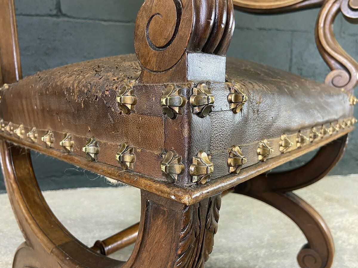 French Studded Leather Throne Armchair photo vinterior