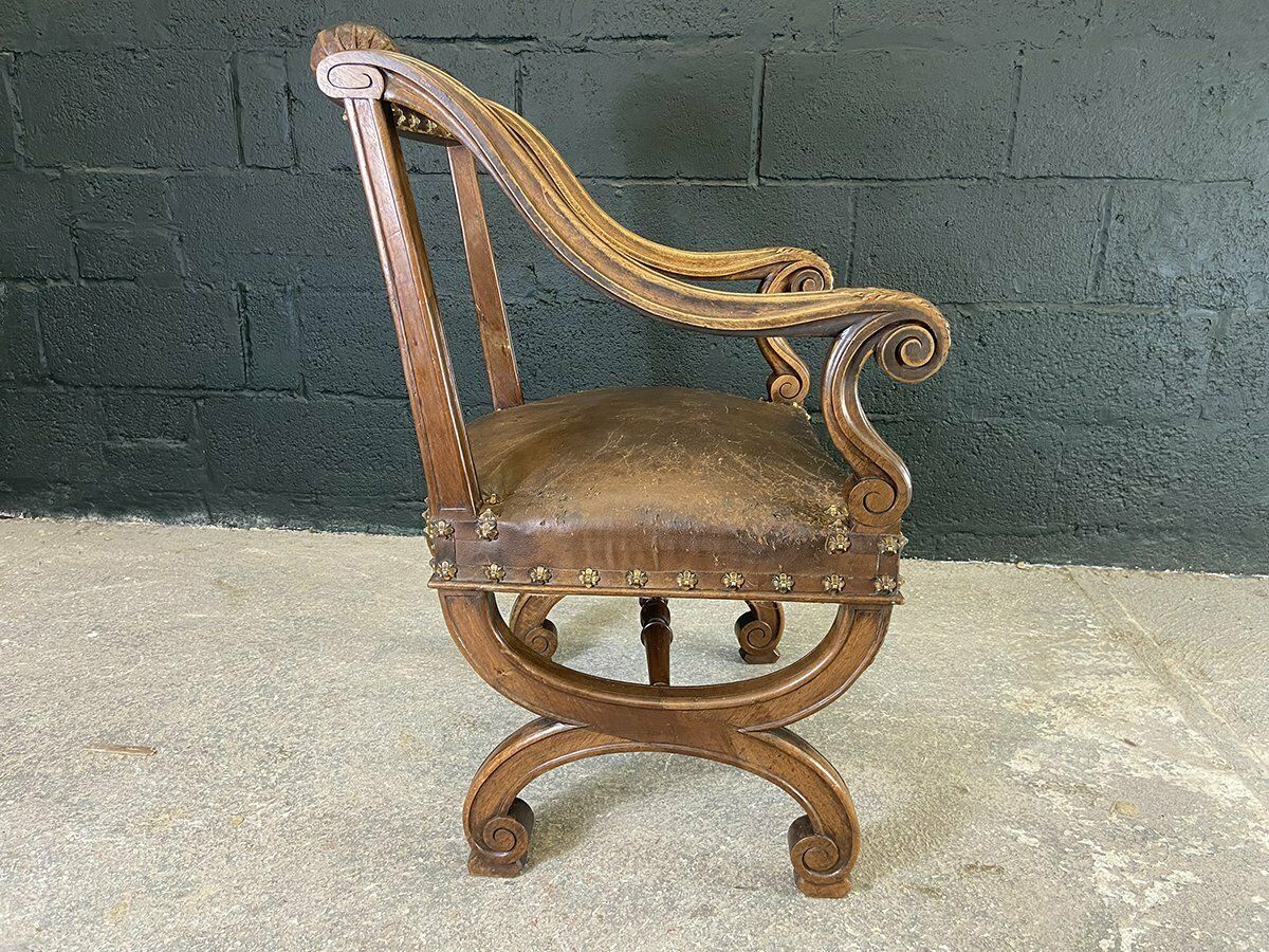 French Studded Leather Throne Armchair photo vintage