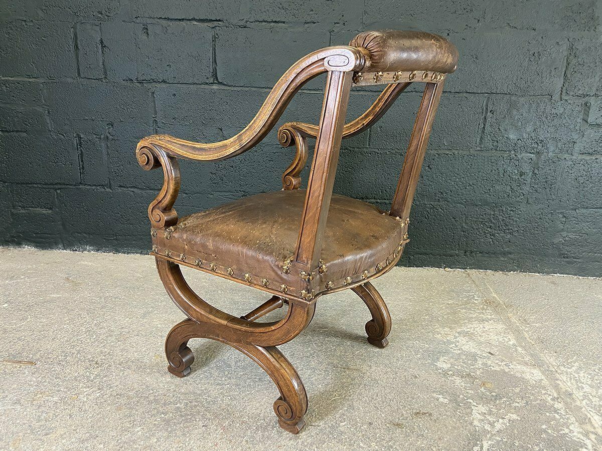 Furniture French Studded Leather Throne Armchair photo