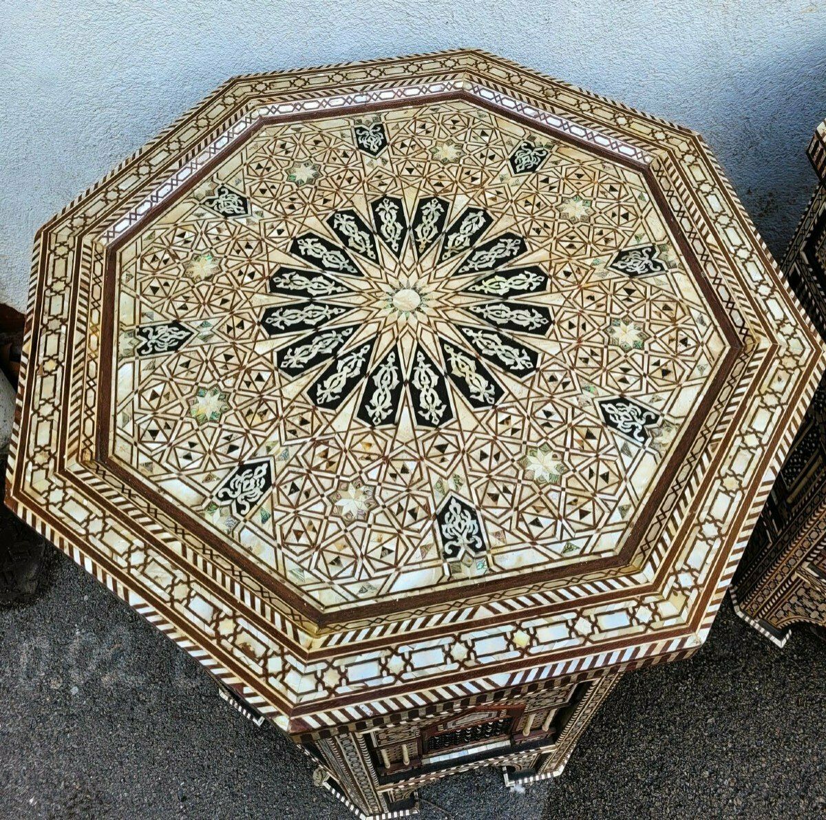 Pair Of Tall And Large Oriental Pedestal Tables In Marquetry, 20th Century photo for sale