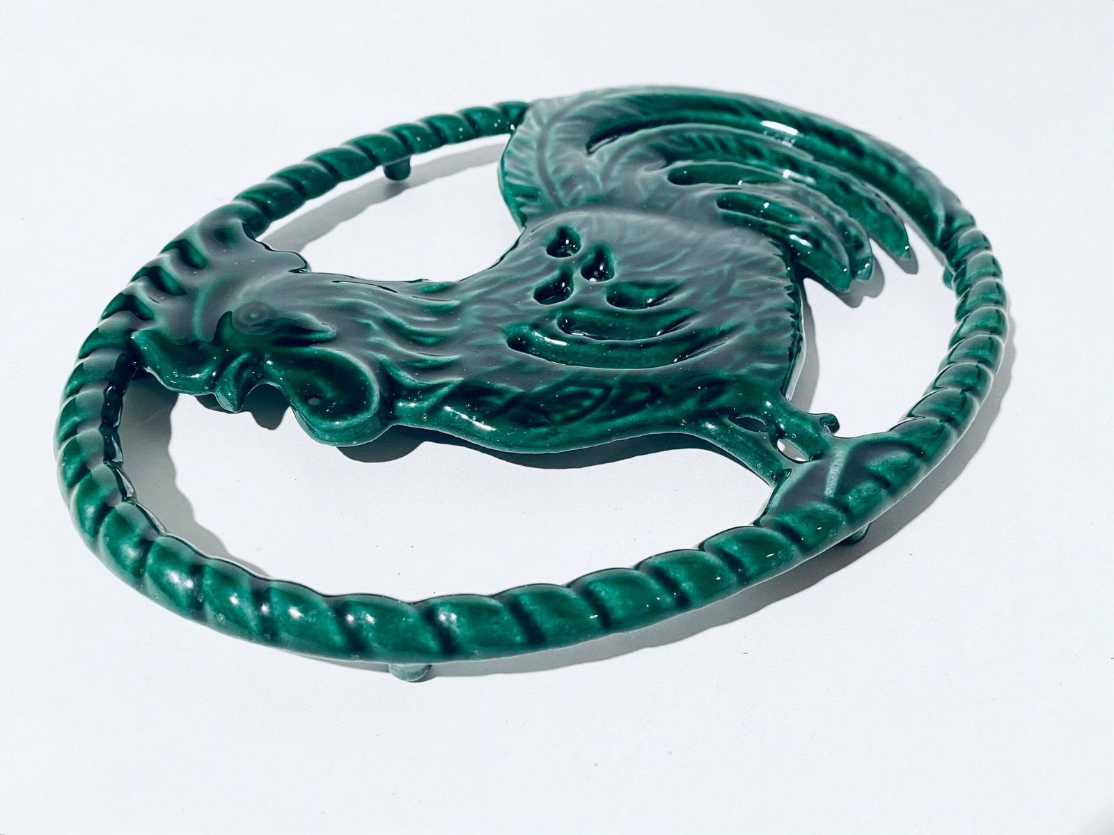 Green Cast Iron Rooster Cock Trivet Pot Holder France / Vintage 1960s Kitchen Table photo furniture