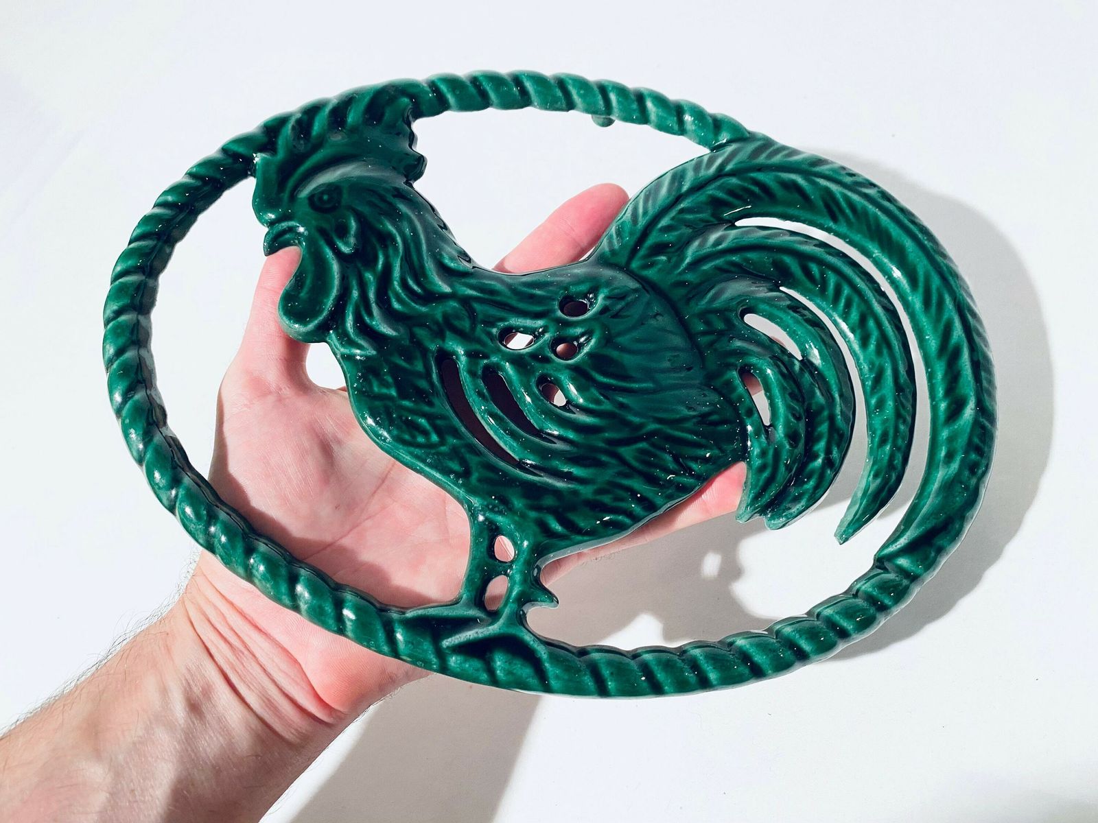 Green Cast Iron Rooster Cock Trivet Pot Holder France / Vintage 1960s Kitchen Table photo for sale