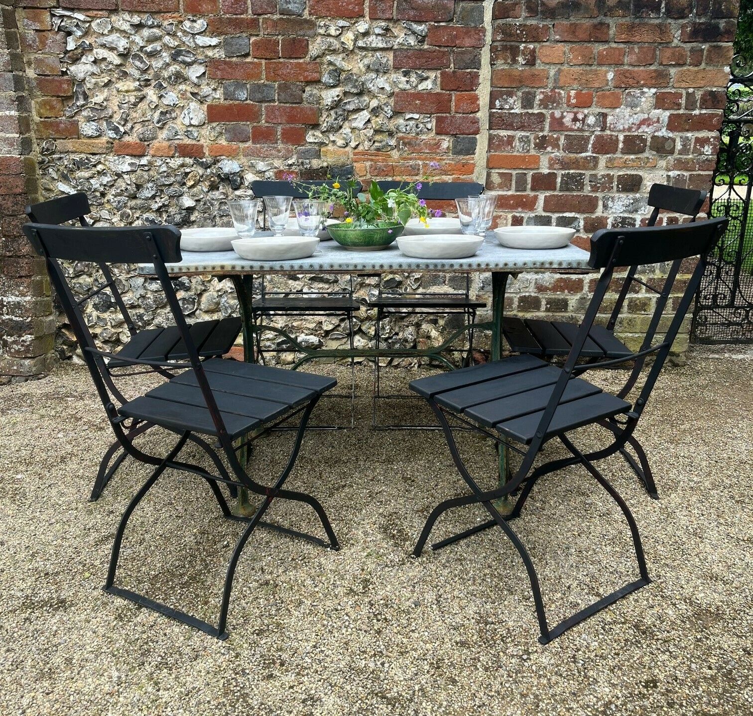 A French Zinc Top Industrial Style Garden/Interior Table (Circa 1900 Or Earlier) & Set Of Six Folding French Chairs