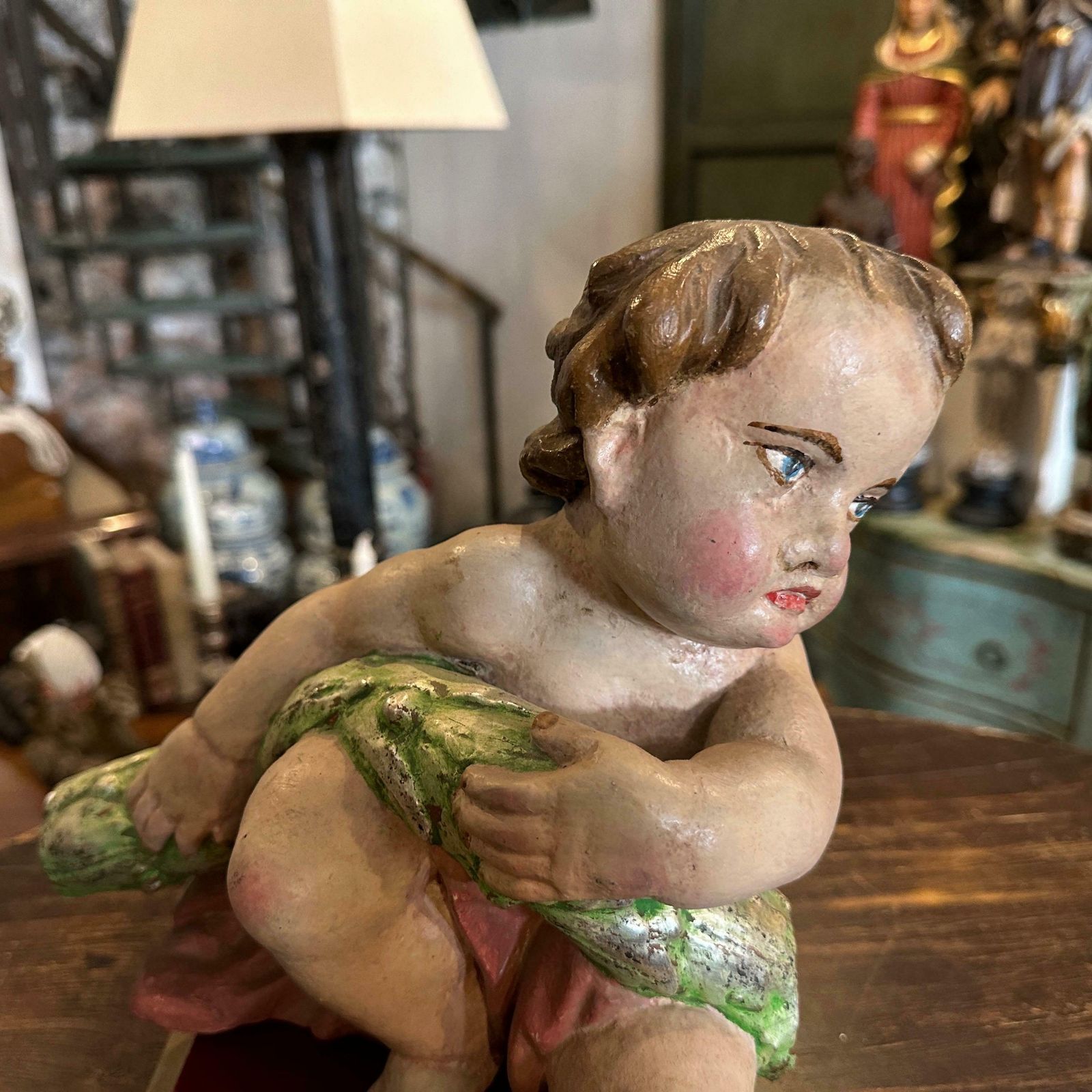 Early 18th Century Hand Carved Polychrome Wood Baroque Italian Cherub photo Home Decor