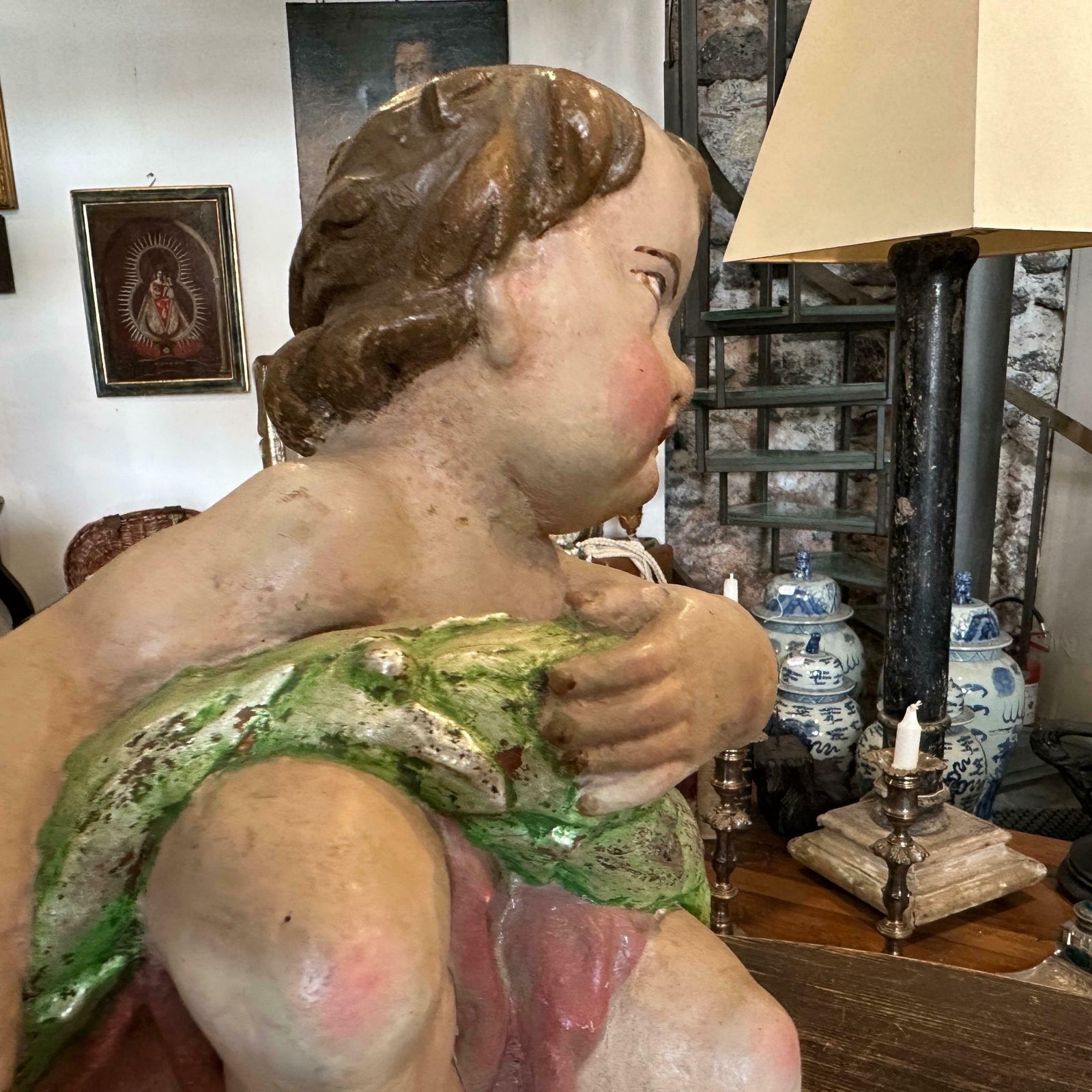 photo for sale Early 18th Century Hand Carved Polychrome Wood Baroque Italian Cherub