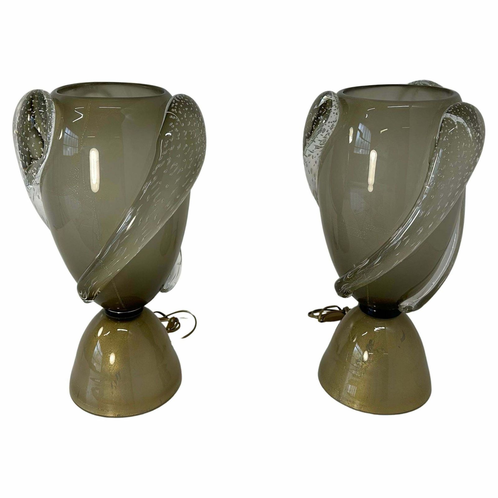 Pair Of Italian Art Deco Style Grey And Gold Leaf Murano Glass Vase Lamps