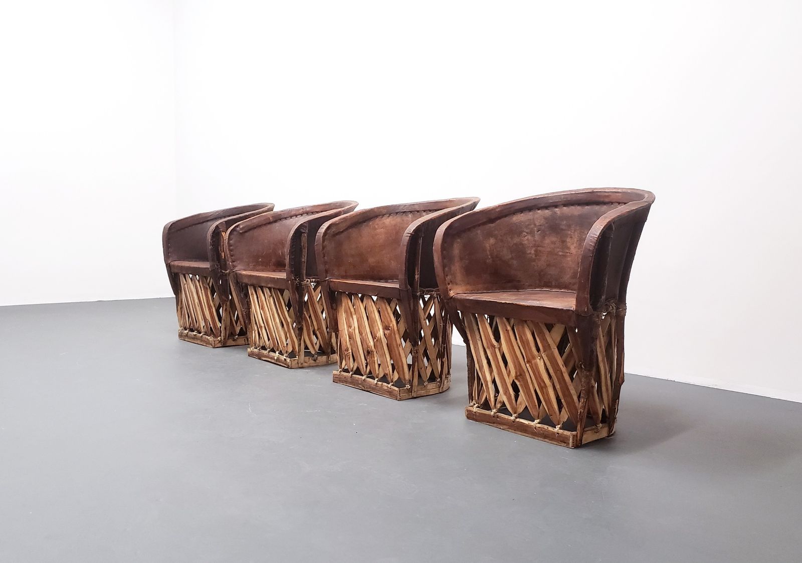 Set Of Four   Mexican Equipale Wood And Leather Chairs By Wim Rietveld photo for sale