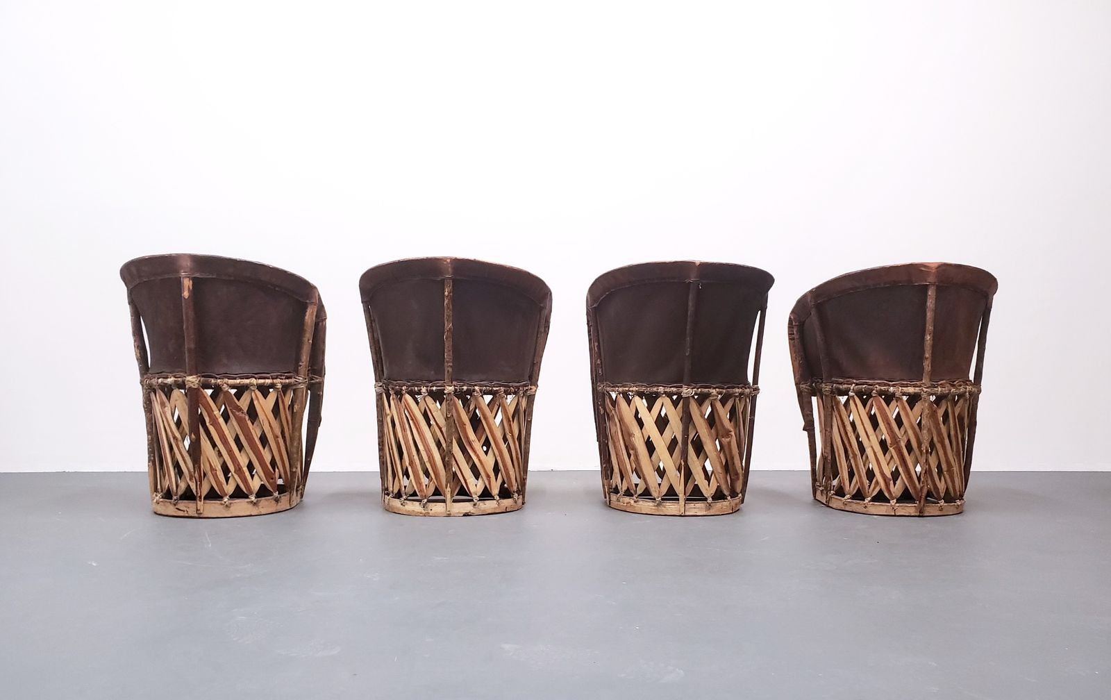 Set Of Four   Mexican Equipale Wood And Leather Chairs By Wim Rietveld photo vintage