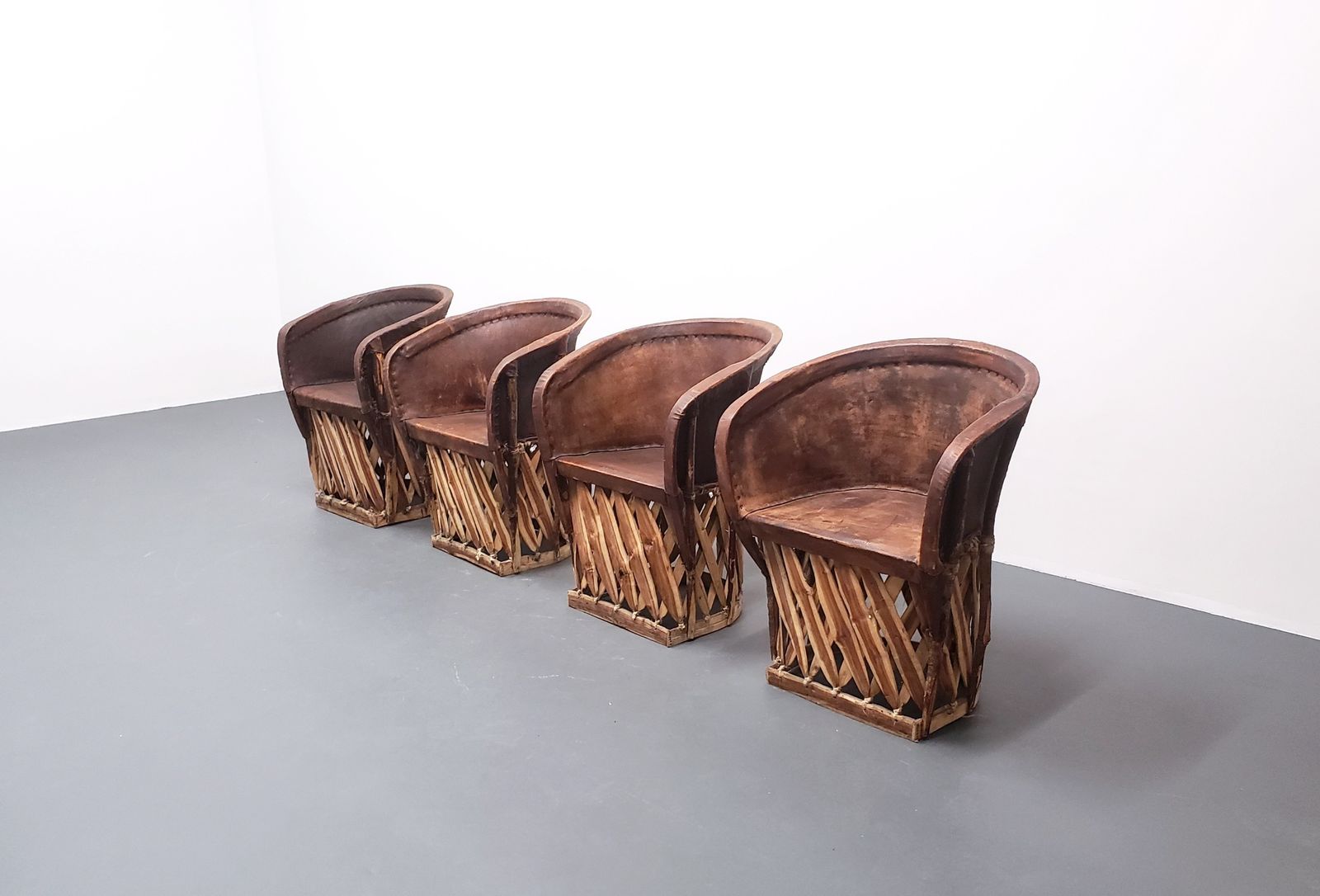 Set Of Four   Mexican Equipale Wood And Leather Chairs By Wim Rietveld
