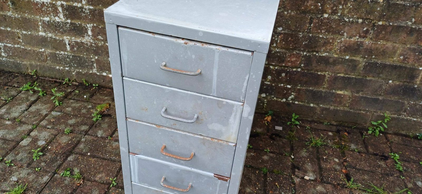 Vintage Retro 80s Grey Metal Filing Drawers Tools Office Artisan Storage photo for sale