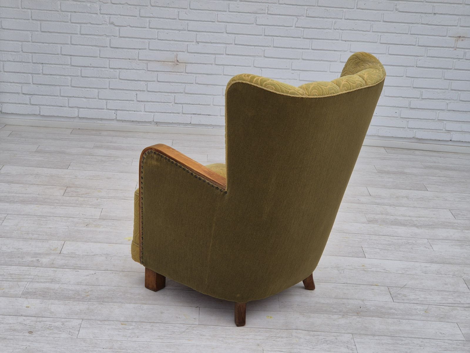 1960s, Danish Highback Armchair, Original Condition, Cotton/Wool. photo 1250.0