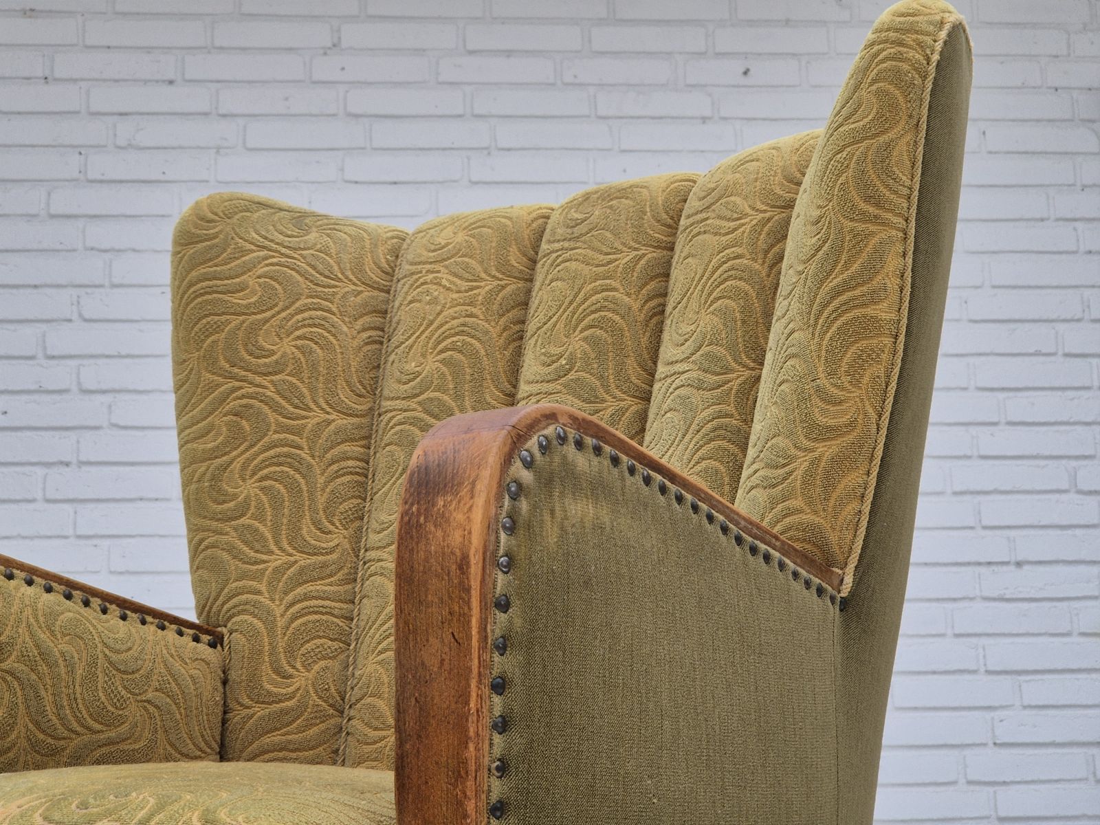 Furniture 1960s, Danish Highback Armchair, Original Condition, Cotton/Wool. photo