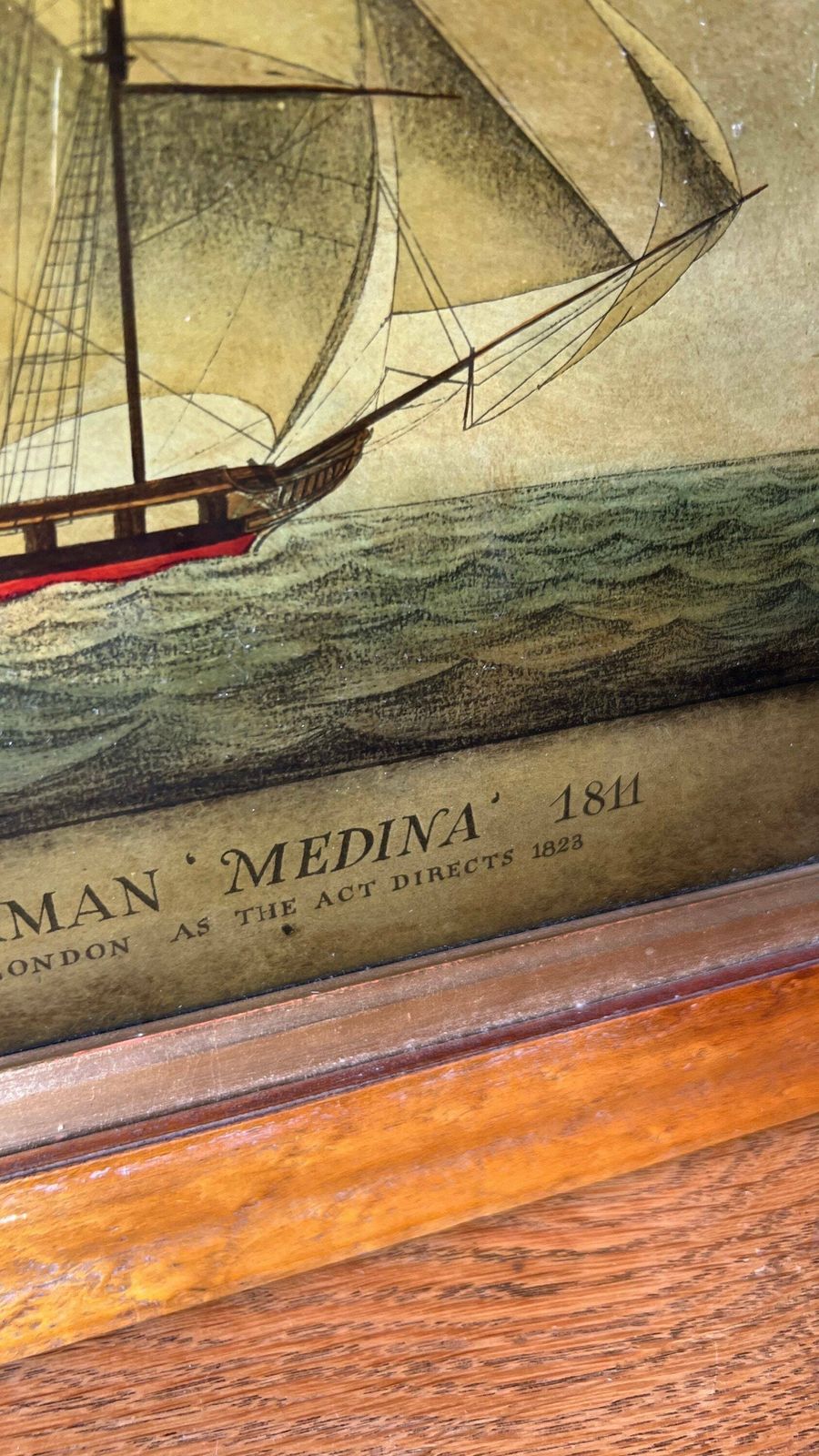 Antique 1823 Framed Reverse Glass Mezzotint Picture Of “Medina” West Indiaman Ship photo vinterior