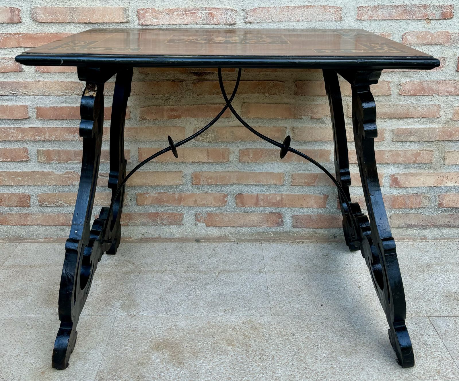 Spanish Early 19th Century Baroque Side Table With Lyre Legs And Marquetry Top photo buy