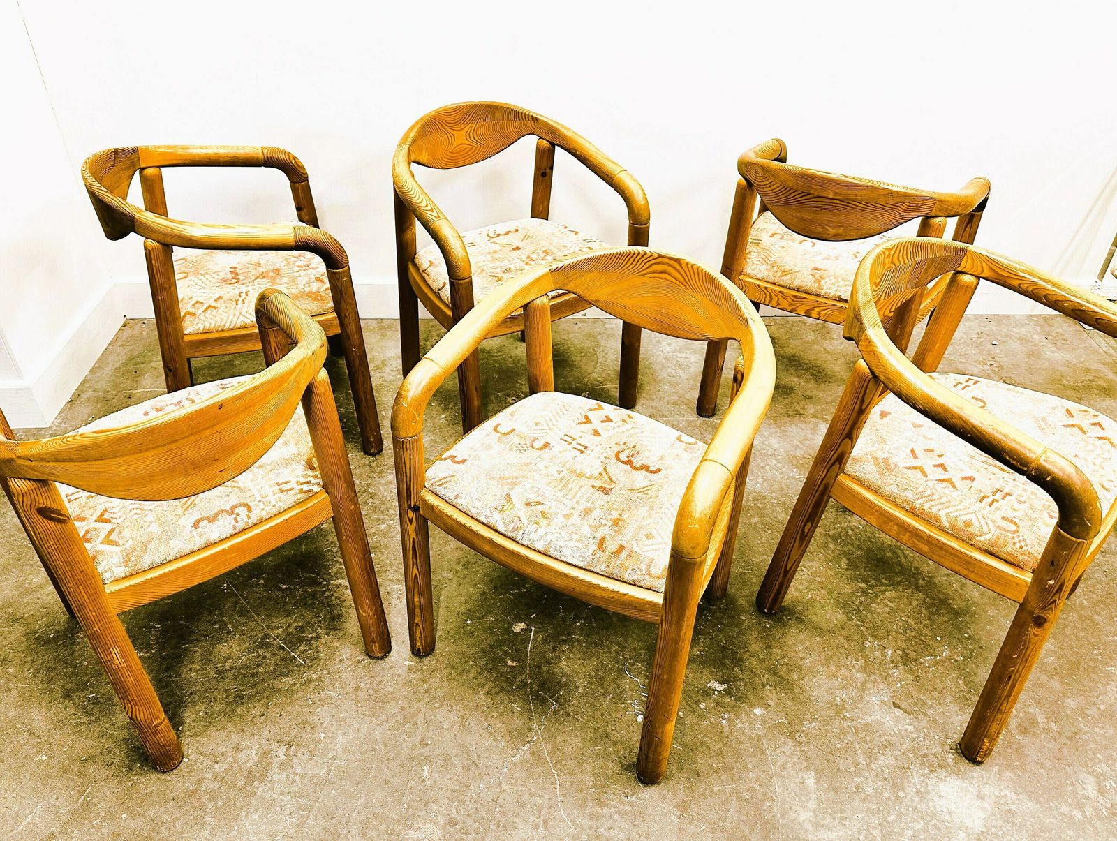 Set Of Six Rainer Daumiller Pine Wood Arm Chairs, 1970s. photo for sale