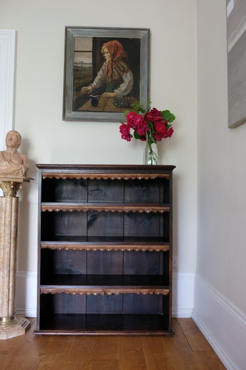 Edwardian Carved Bookcase With Leather Dust Cover Fringes photo vintage