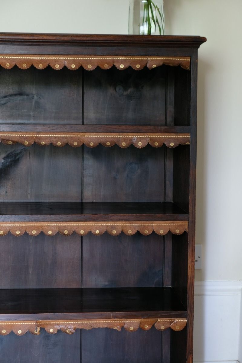 photo buy Edwardian Carved Bookcase With Leather Dust Cover Fringes