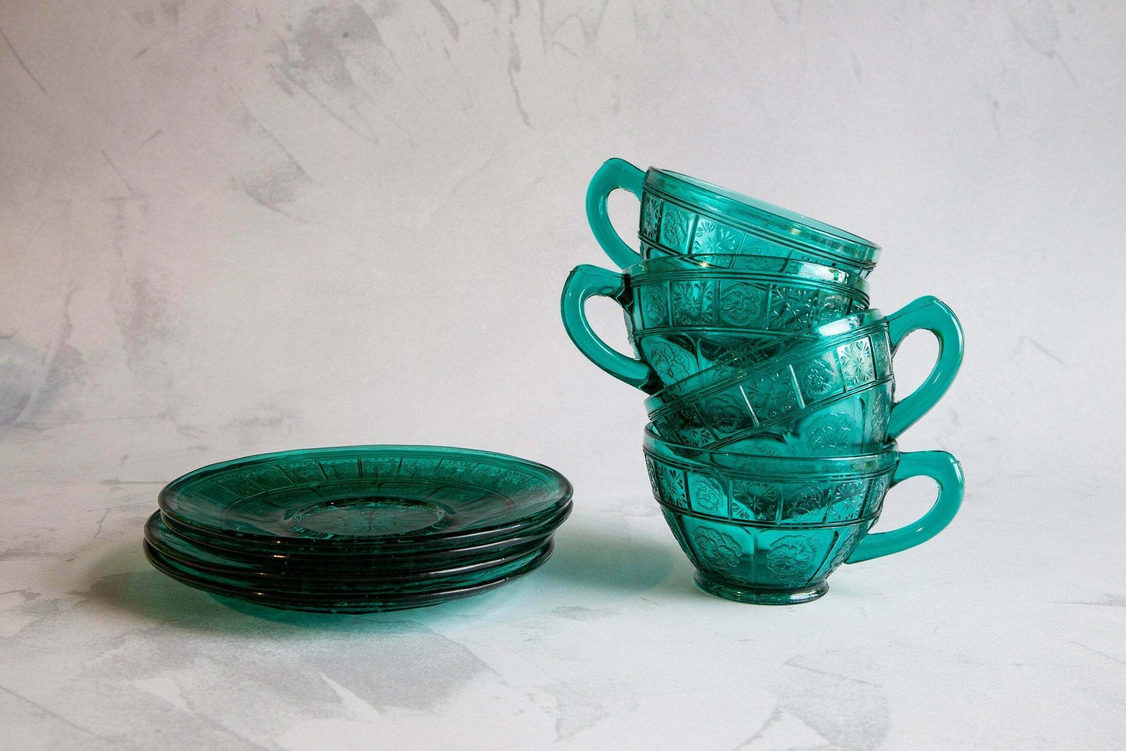 Vintage Jeannette Doric & Pansy Ultramarine Green/Blue Tea Cups Set photo Home Decor