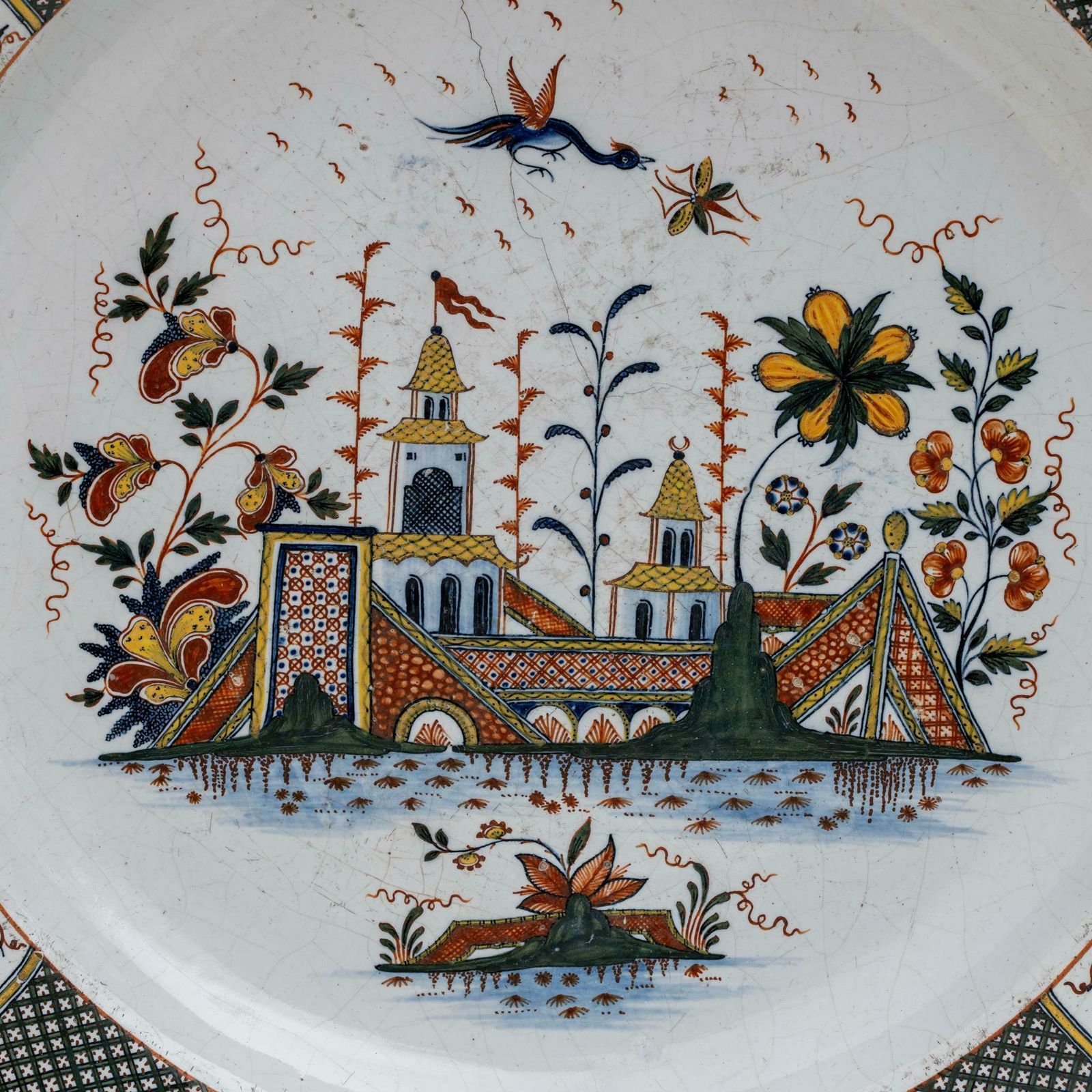 Large Majolica Dish France Rouen Manufactory Of Jean Baptiste Guillibaud, 1730 photo for sale
