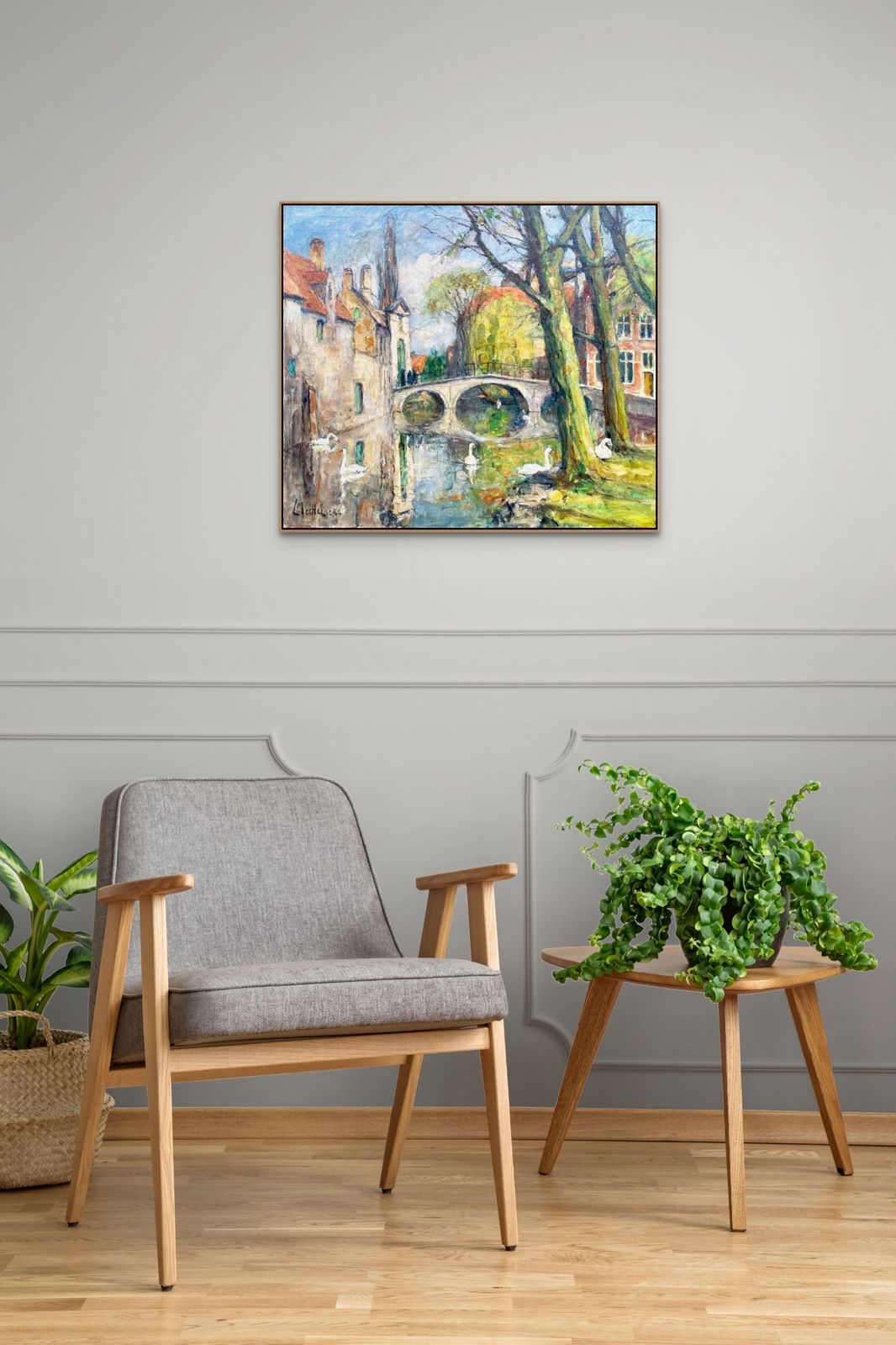photo furniture 'Swans Of Bruges – Beguinage Bridge' Van Leo Mechelaere, Brugge 1880 – 1964 Erlangen, Belgisch Schilder